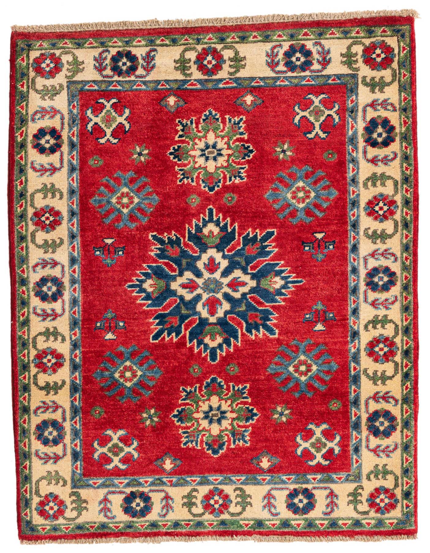 A 3x4 rectangular red rug with a large central blue medallion, surrounded by smaller traditional motifs and a cream border.
