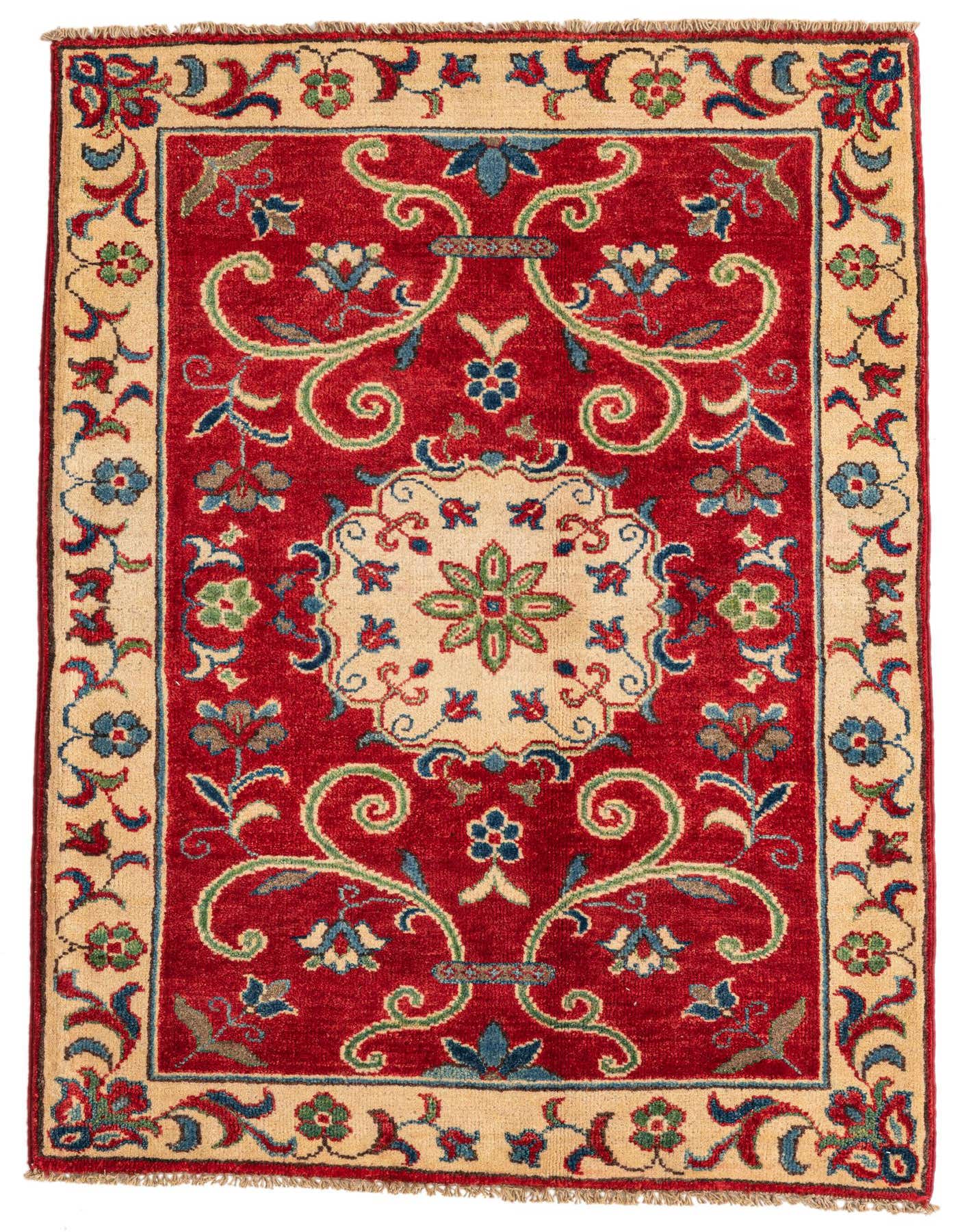A 3x4 rectangular Rugs.com Kazak rug featuring a traditional medallion pattern in reds, blues, greens, and cream.