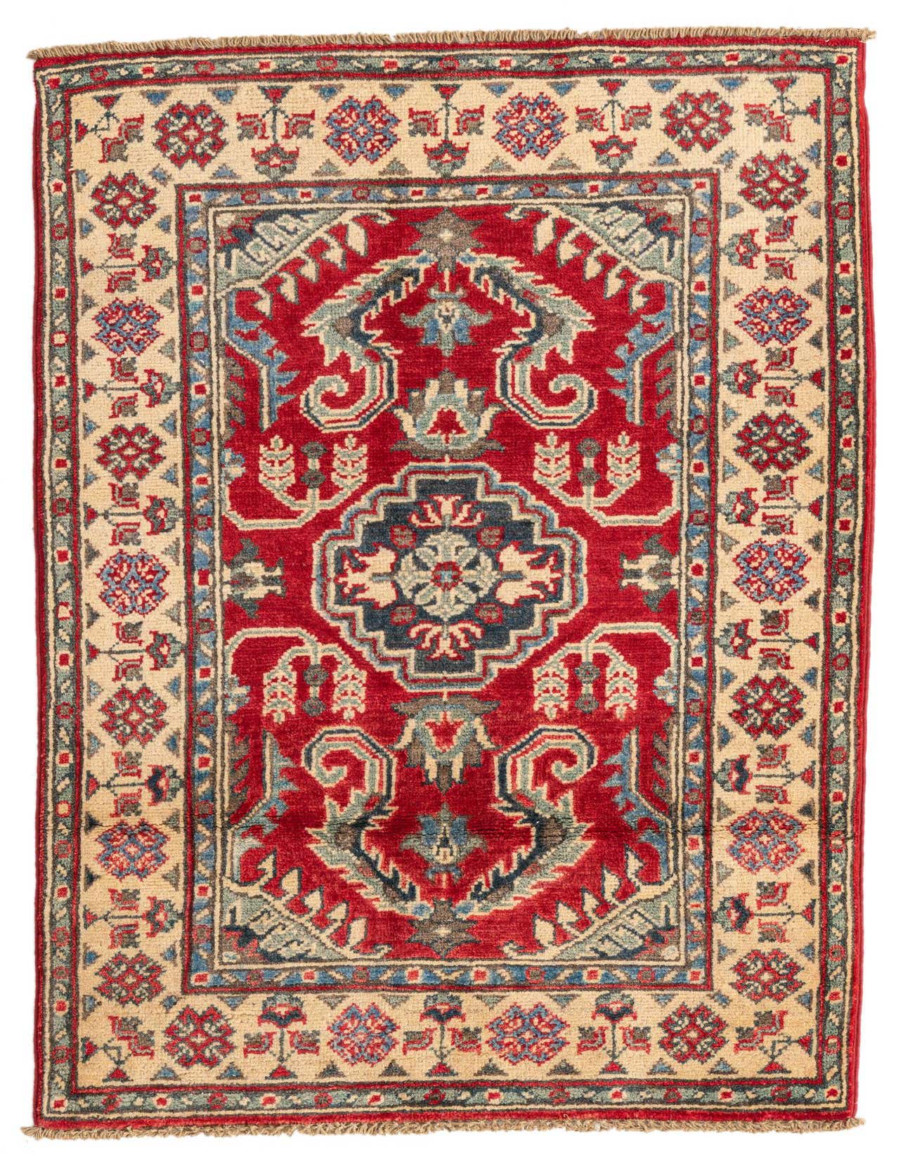 A 3x4 rectangular Rugs.com Kazak rug with a red field, central medallion, and cream border with traditional patterns.