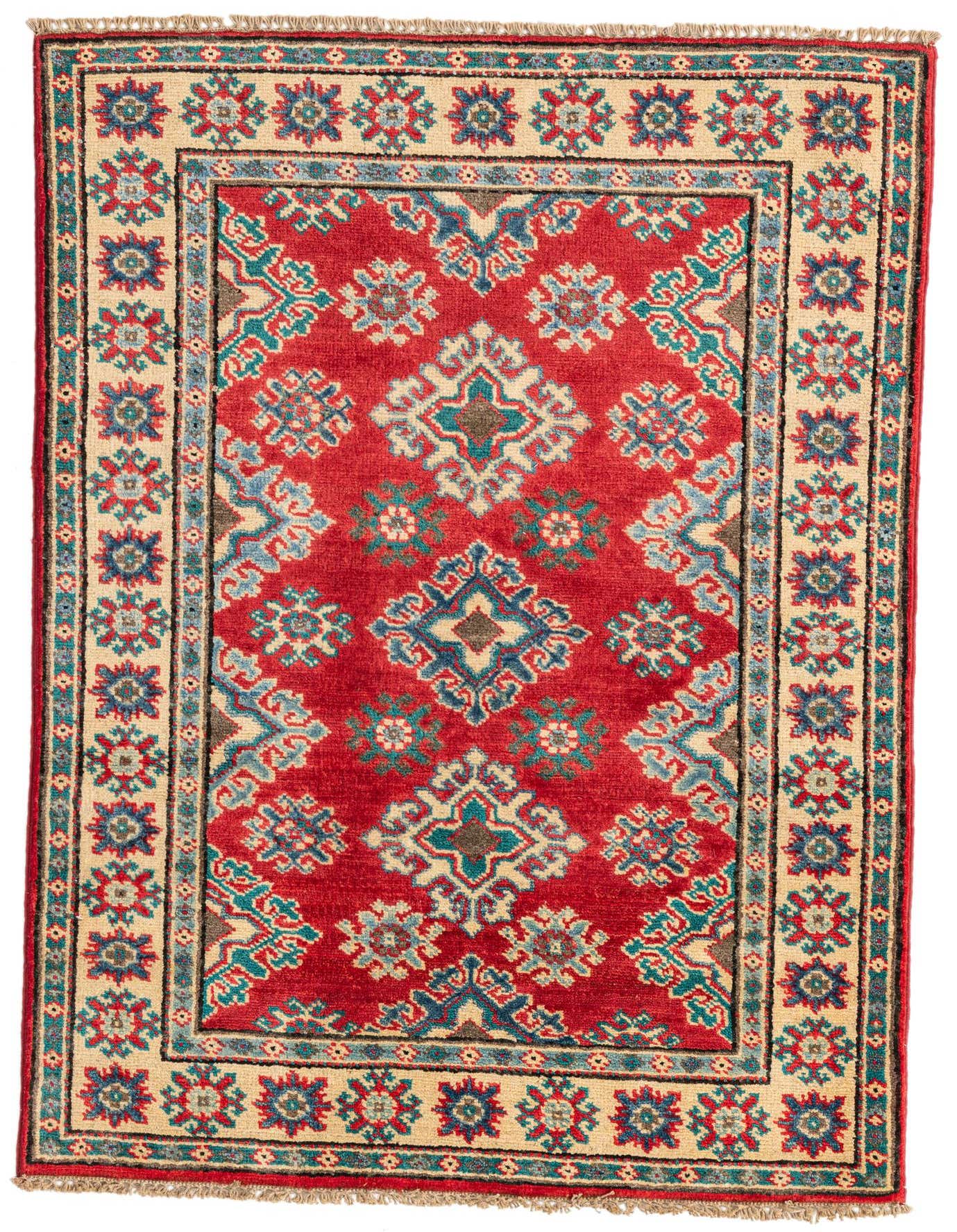 A 3x4 rectangular Rugs.com Kazak rug with a vibrant red field, featuring traditional Southwestern and Oriental patterns in blue, teal, and cream, framed by a cream border with floral motifs.
