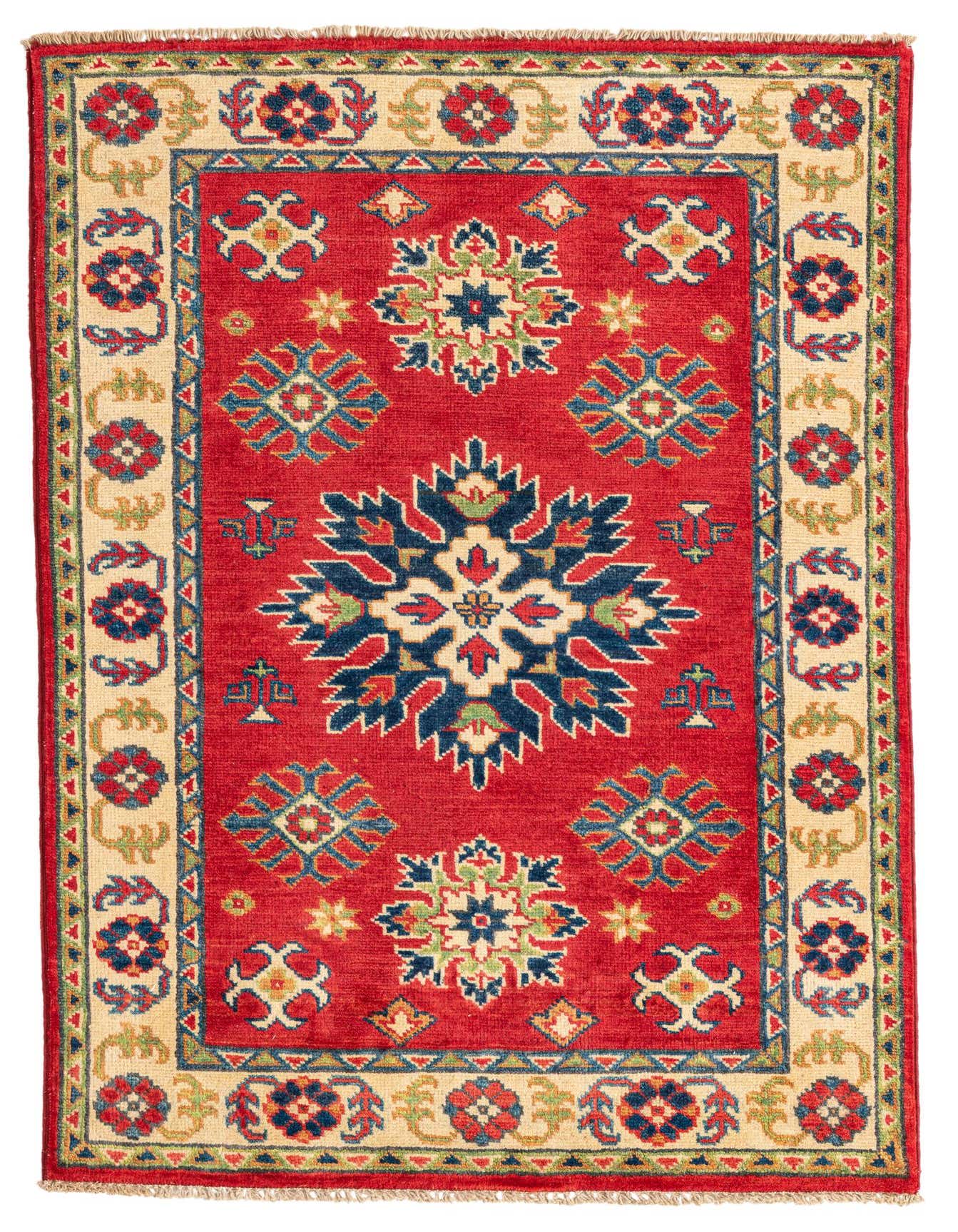 A 3x4 rectangular Rugs.com Kazak rug with a vibrant red field, featuring a central medallion and geometric floral patterns in navy, light blue, green, and cream, framed by a cream border with complementary motifs.