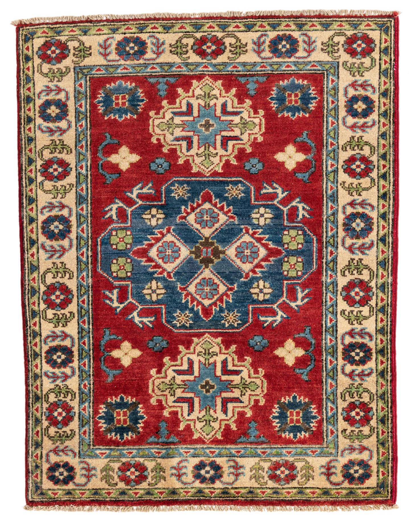 A 3x4 rectangular Rugs.com Kazak rug with a red field, blue medallion, and a cream border featuring traditional floral patterns.