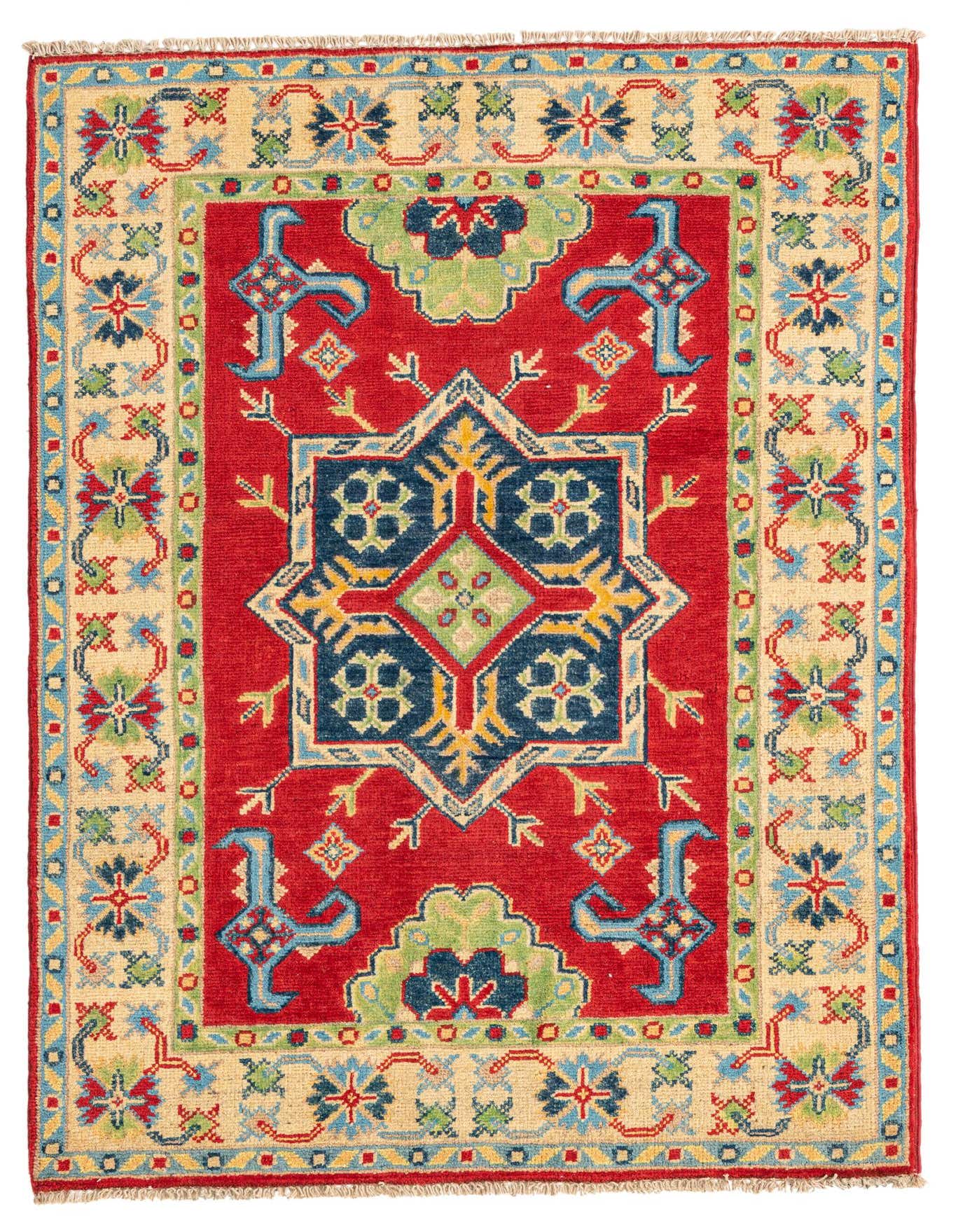 A 3x4 rectangular red rug with a prominent navy and yellow medallion, surrounded by traditional Southwestern and Oriental patterns in cream, light blue, and green.