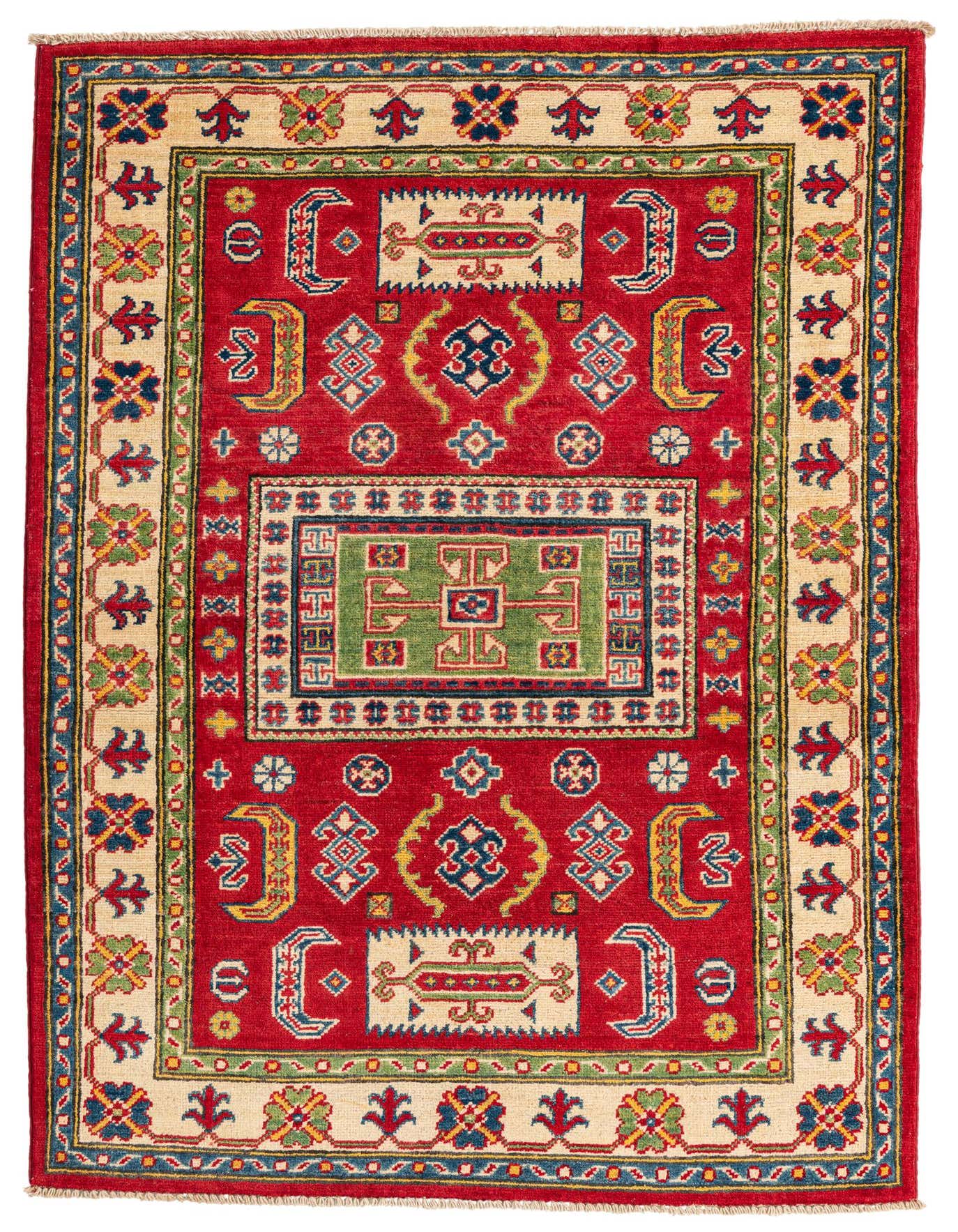 A 3x5 rectangular red Kazak rug with traditional Southwestern and Oriental patterns, featuring a central green medallion and intricate borders in cream, blue, and yellow.