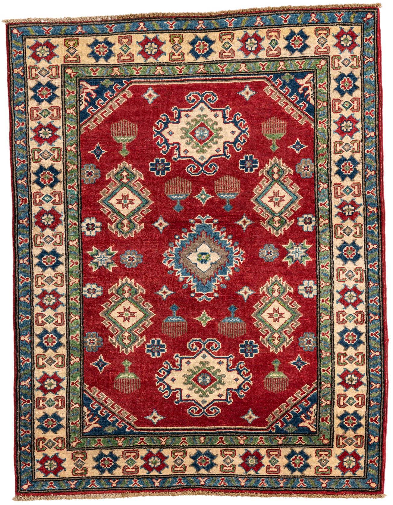 A 3x5 rectangular red Kazak rug with traditional Southwestern and Oriental floral patterns in blues, greens, and cream.