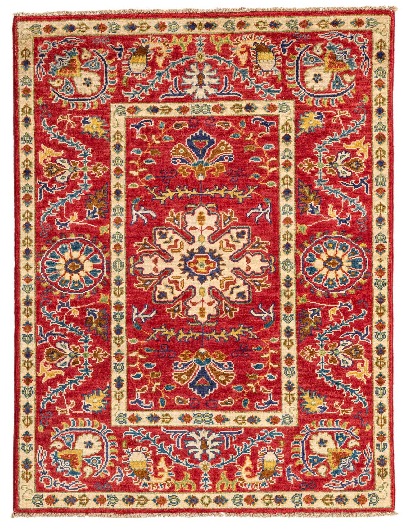 A 3x5 rectangular red rug with a traditional medallion pattern, featuring intricate floral and geometric designs in blue, yellow, and cream.