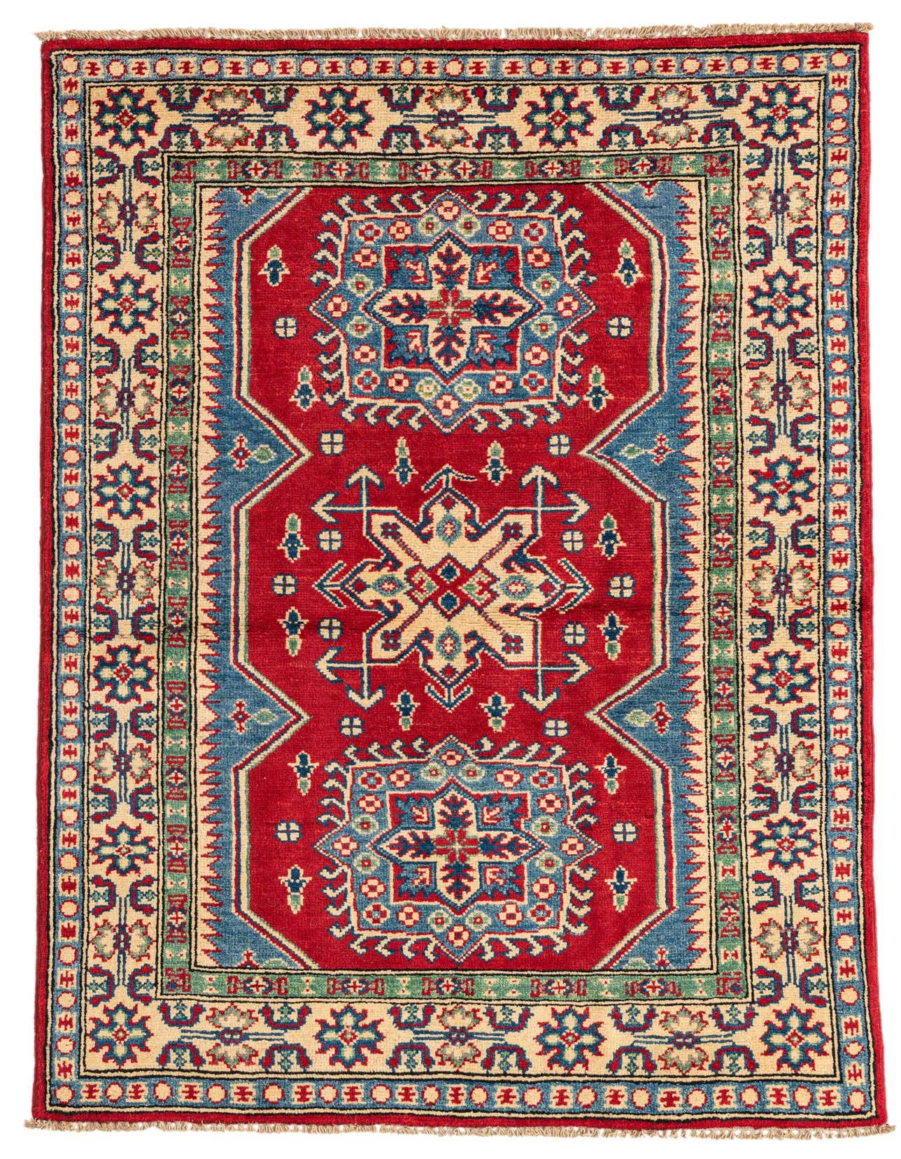 A 3x5 rectangular red Kazak rug with traditional Southwestern and Oriental medallion patterns in blue, cream, and green.