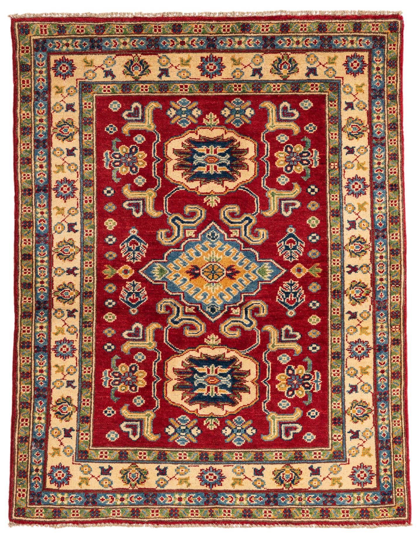 A 3x5 rectangular red traditional Kazak rug with an intricate medallion pattern and cream, blue, and gold accents.