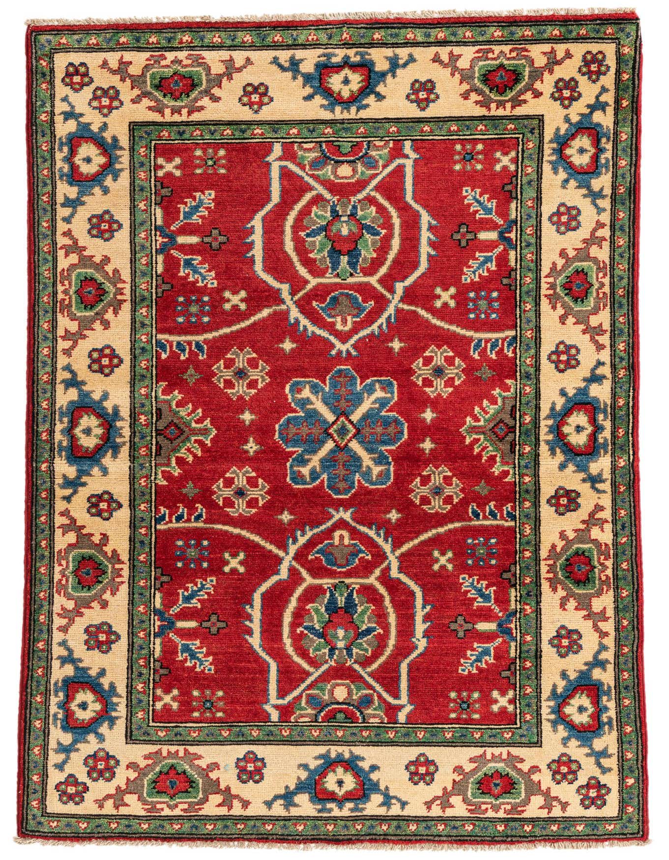 A 3x5 rectangular red Kazak rug with a traditional medallion pattern and a beige border, handmade from wool.