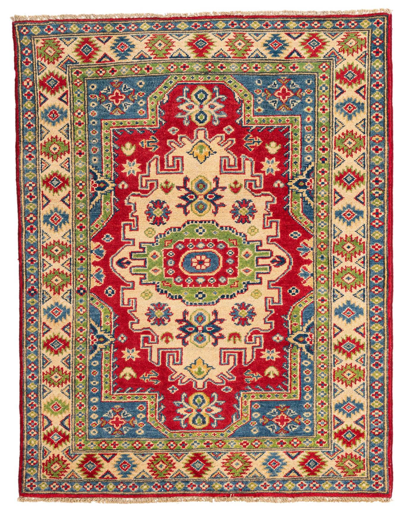 A 3x5 rectangular Kazak rug with a traditional medallion pattern in reds, blues, greens, and cream.
