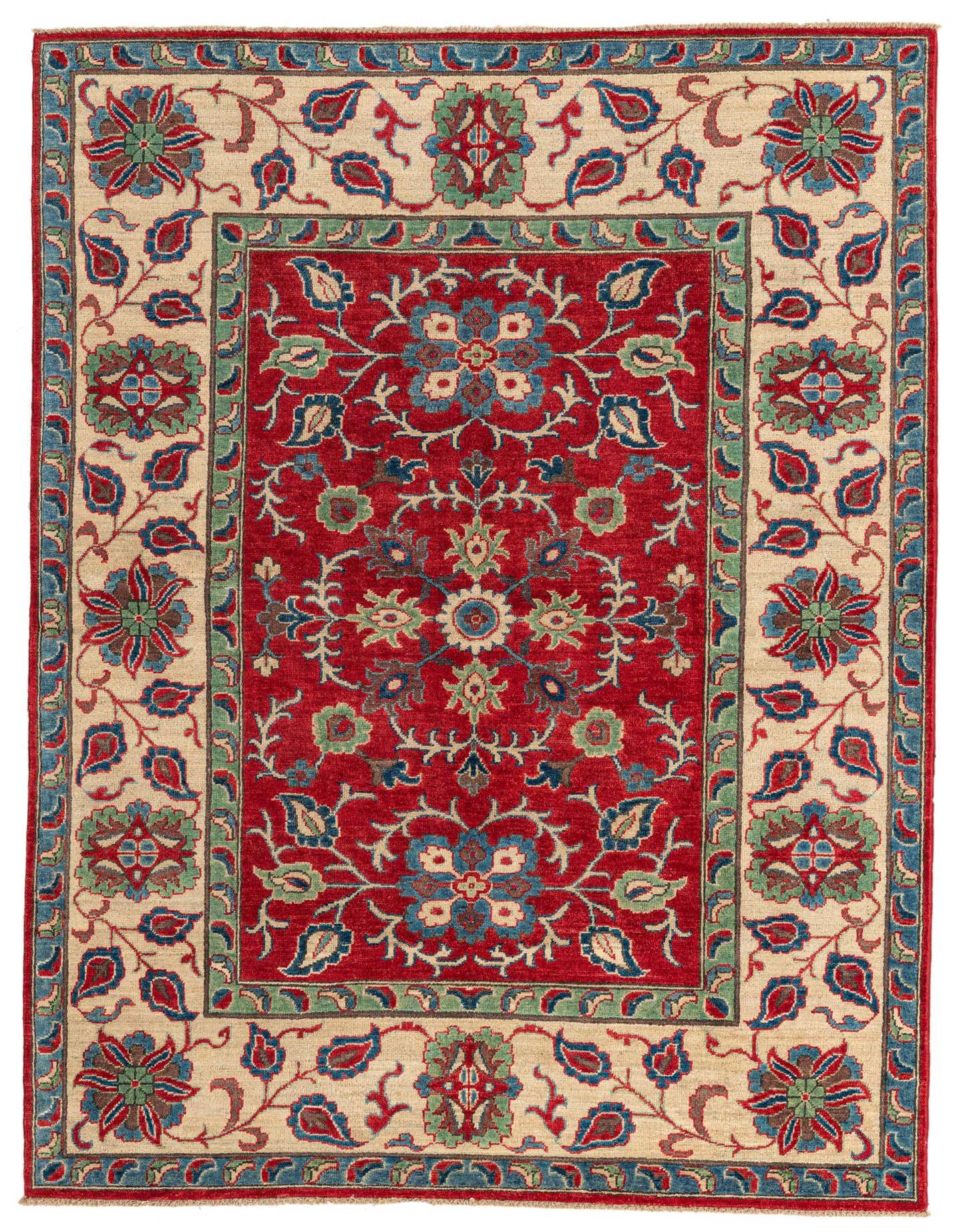 A 6x9 rectangular red rug with a traditional floral and botanical pattern, featuring a cream border with blue and green accents.