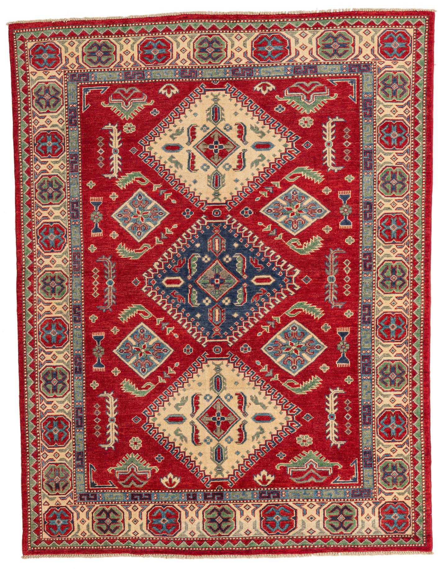 A 6x9 rectangular Rugs.com Kazak rug in rich red with a central medallion and intricate traditional patterns in blue, green, and cream.