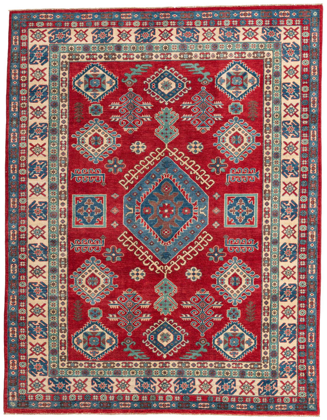 A 7x10 rectangular red Kazak rug with traditional Southwestern and Oriental patterns in blue, teal, and cream.