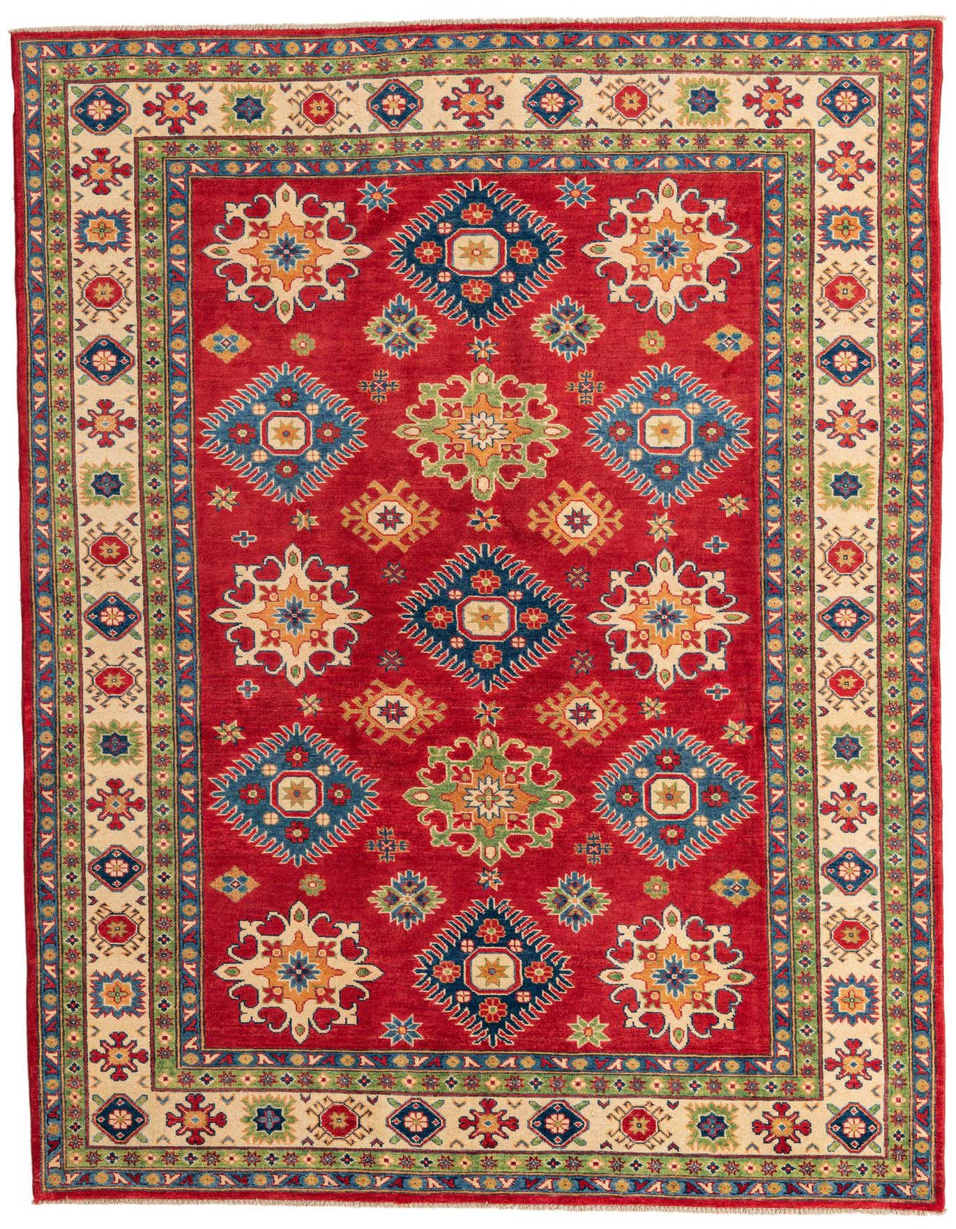 A 7x10 rectangular red Kazak rug with traditional Southwestern and Oriental patterns in blue, green, and cream.