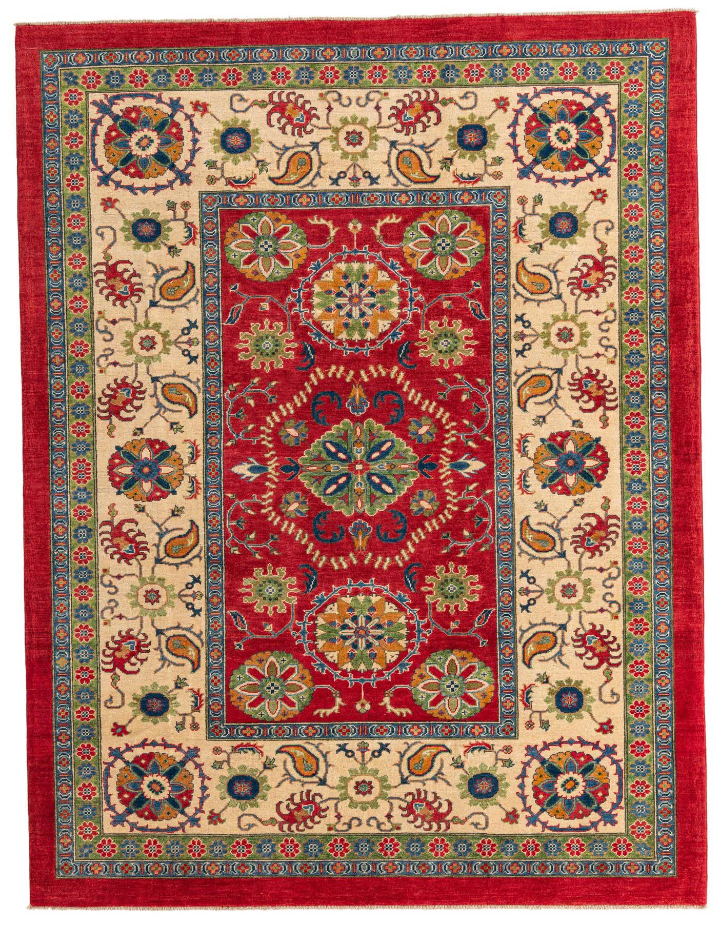 A 7x10 rectangular red traditional rug with a detailed Southwestern medallion pattern and floral motifs, handmade from wool.