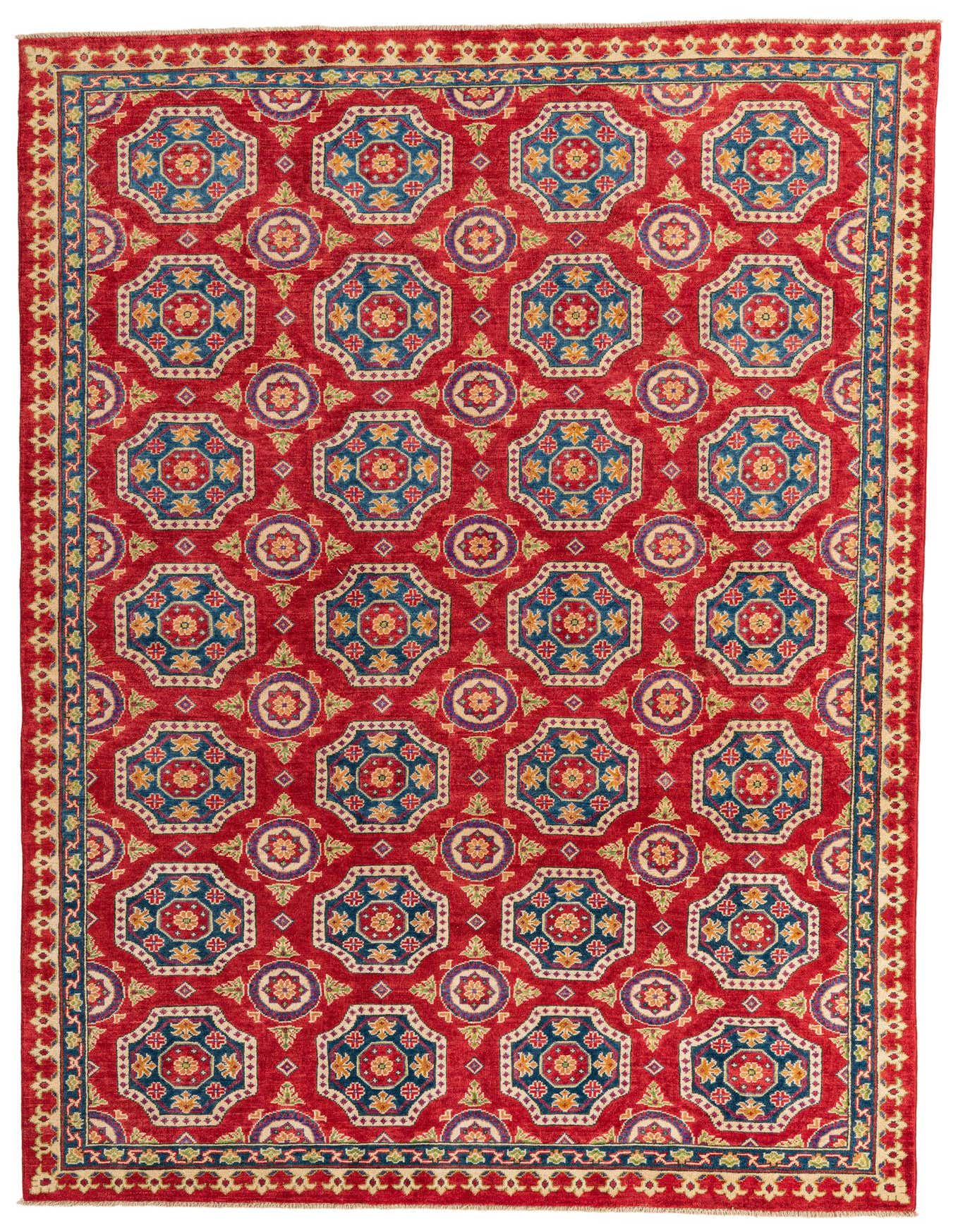 A 6x9 rectangular red area rug with a traditional Southwestern pattern featuring repeating octagonal motifs in blue, gold, and purple.