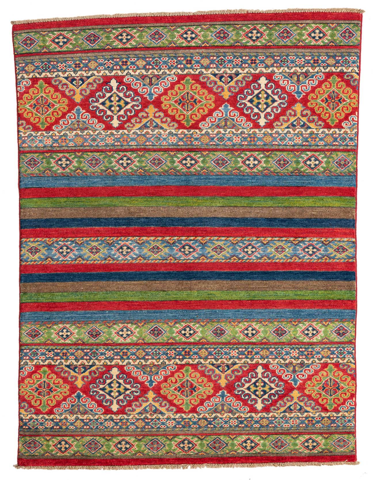 A vibrant 4x6 rectangular Kazak rug with traditional Southwestern and Oriental patterns in reds, blues, greens, and browns.