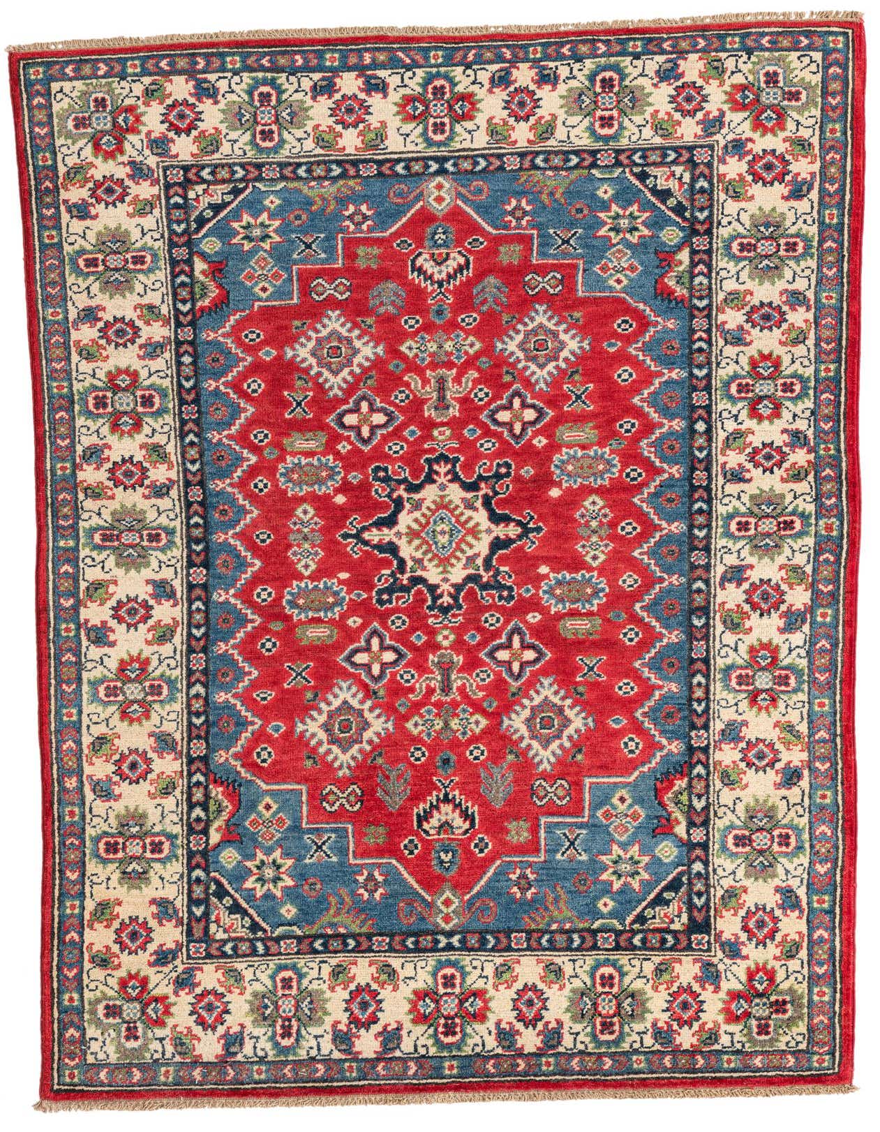 A 4x6 rectangular red traditional Oriental rug with a central medallion and intricate blue, cream, and red patterns.