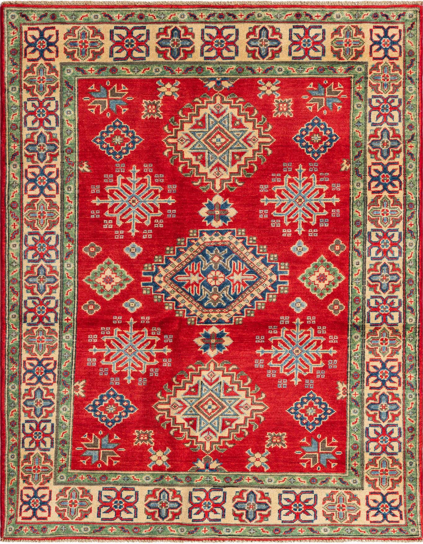 A 4x6 rectangular red wool rug with traditional Southwestern and Oriental medallion patterns in blue, green, and beige.