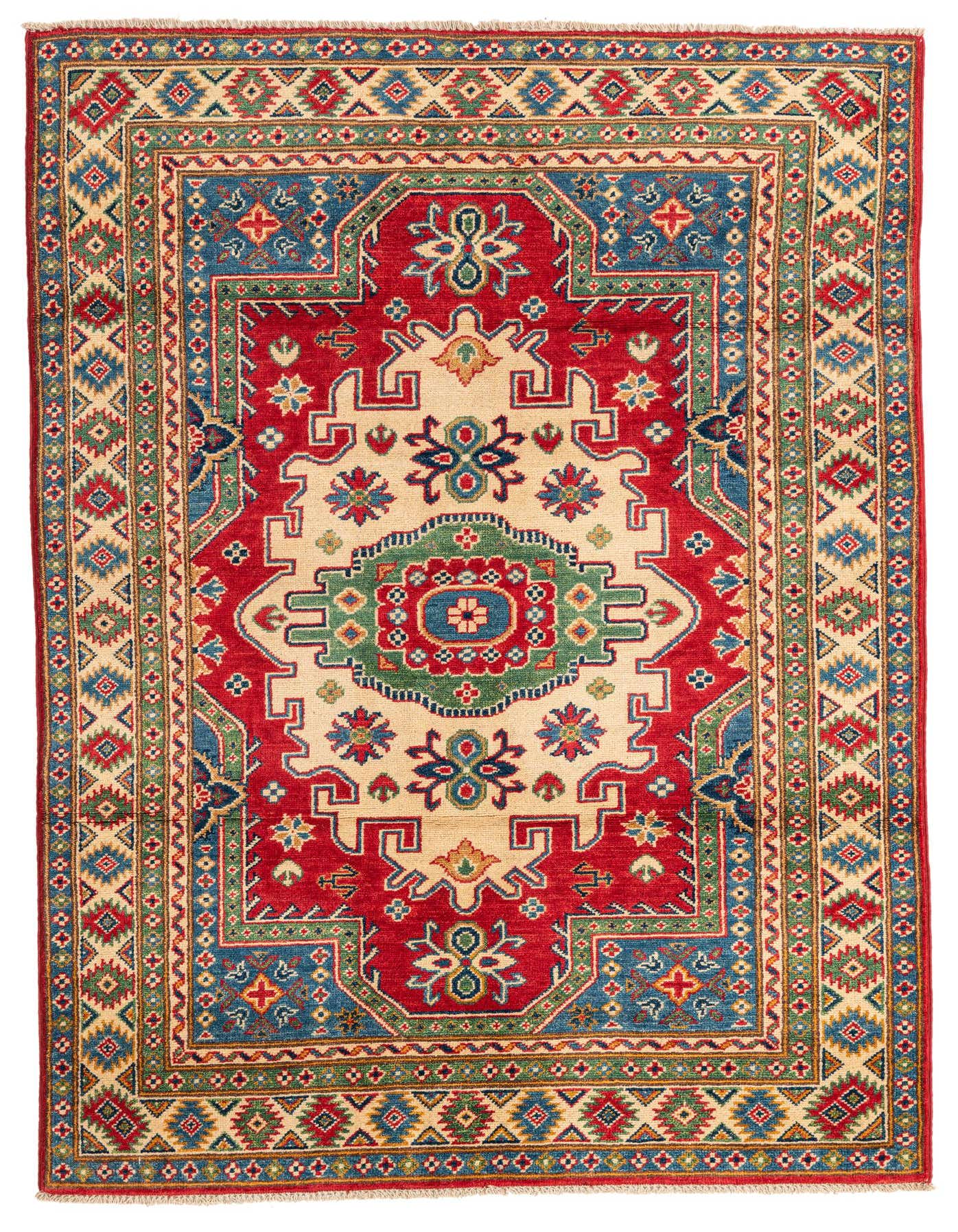 A 4x6 rectangular red wool rug with a traditional medallion pattern and intricate blue, green, and cream accents.