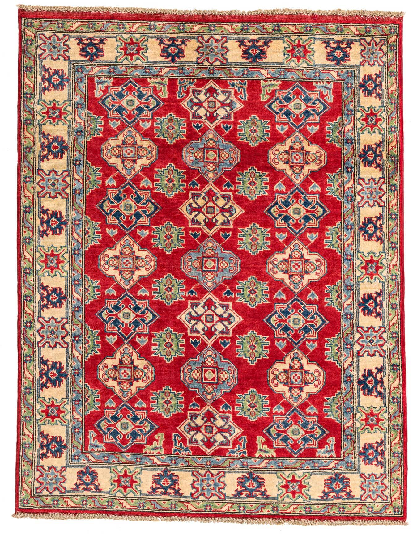 A 4x6 rectangular red traditional Kazak rug with intricate geometric patterns in blue, green, and cream.