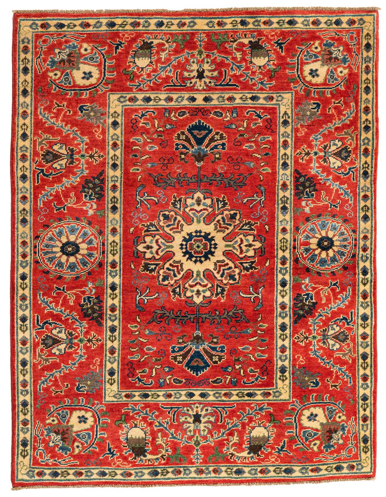 A 4x6 rectangular red traditional rug with intricate botanical and floral patterns in blue, green, and cream, ideal for a living room.