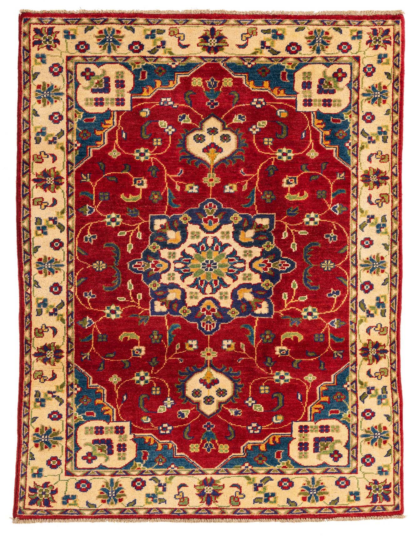 A 4x6 rectangular red wool rug with a traditional medallion pattern and a cream border, featuring blue, green, and yellow floral accents.