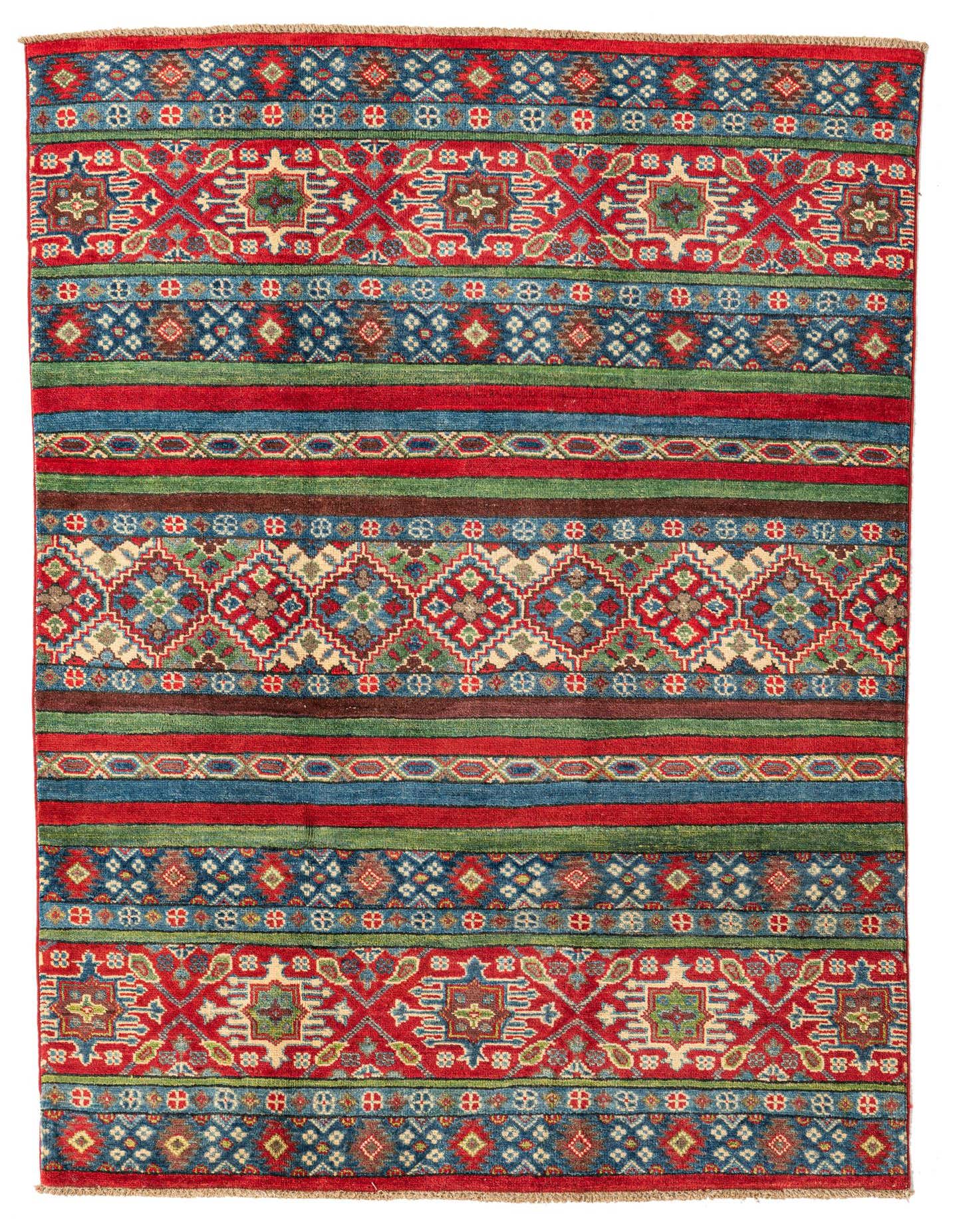 A 4x6 rectangular Kazak rug featuring bold red, blue, green, and brown stripes with intricate traditional and Southwestern patterns.