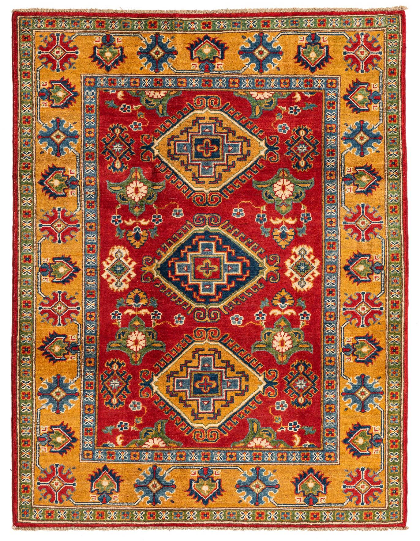 A 4x6 rectangular red wool rug with a traditional Southwestern medallion pattern and a gold border, suitable for a living room.