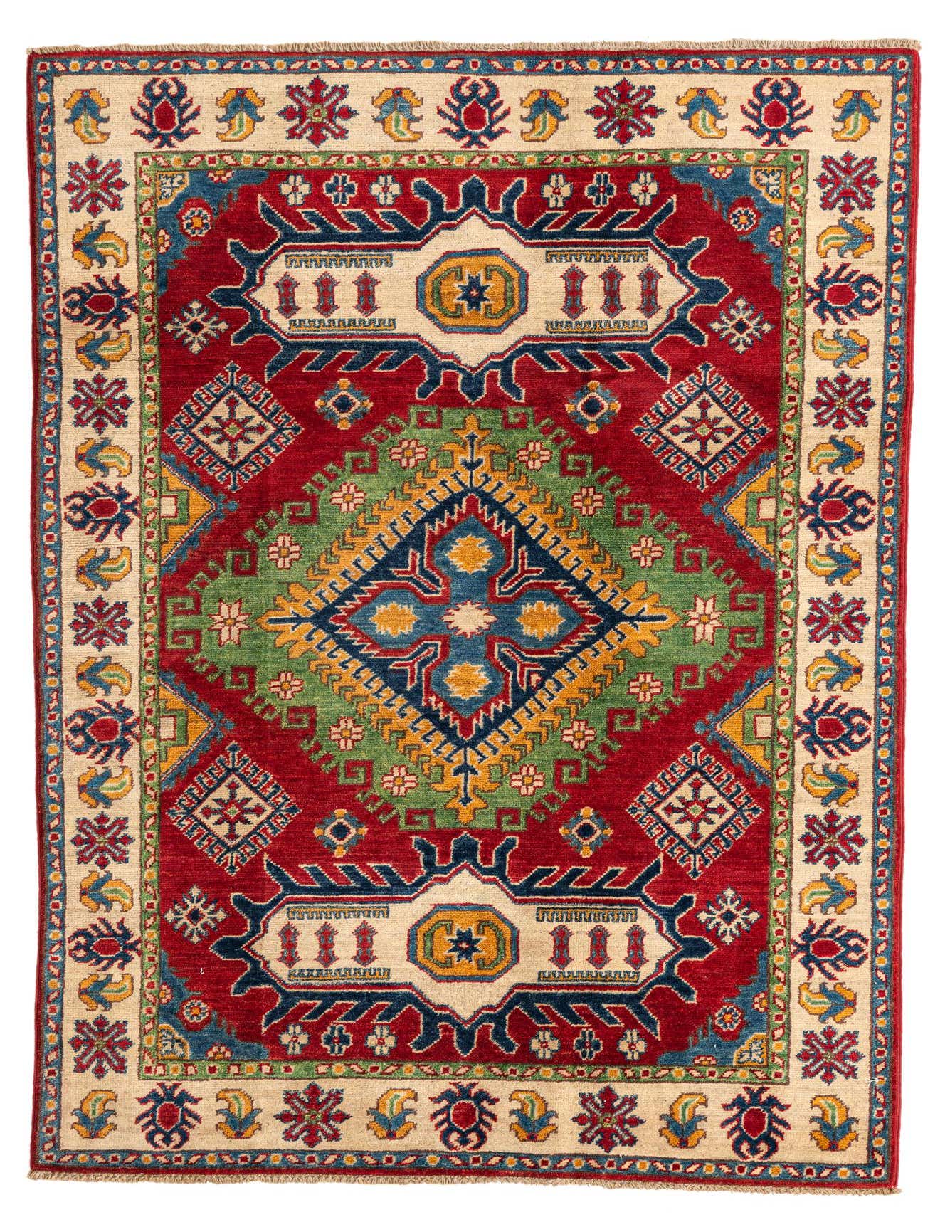 A 4x6 rectangular Kazak wool rug featuring a vibrant red field with a green, blue, and yellow geometric medallion, framed by an ornate beige border.