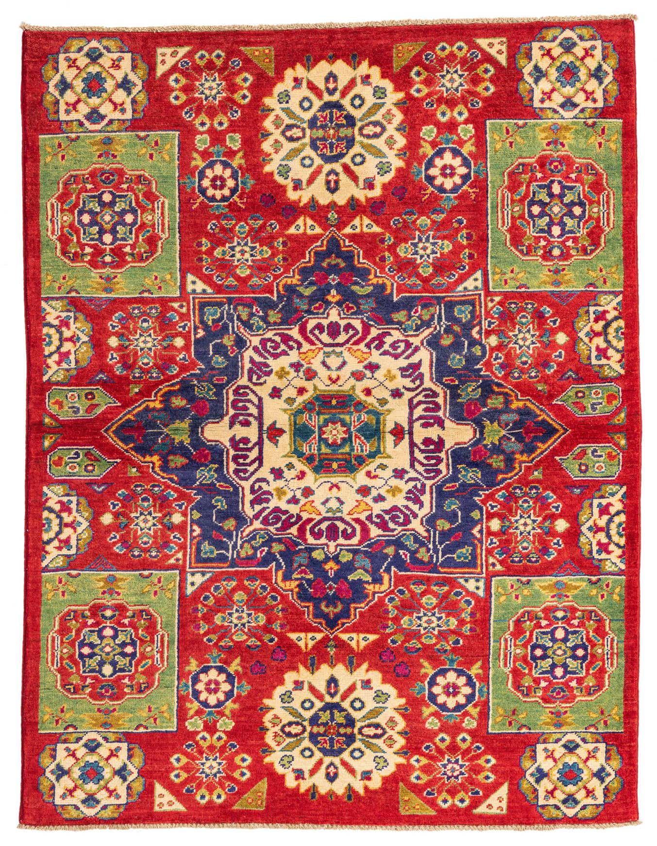 A 4x6 rectangular red wool rug with a traditional Southwestern medallion pattern in blues, greens, and cream.