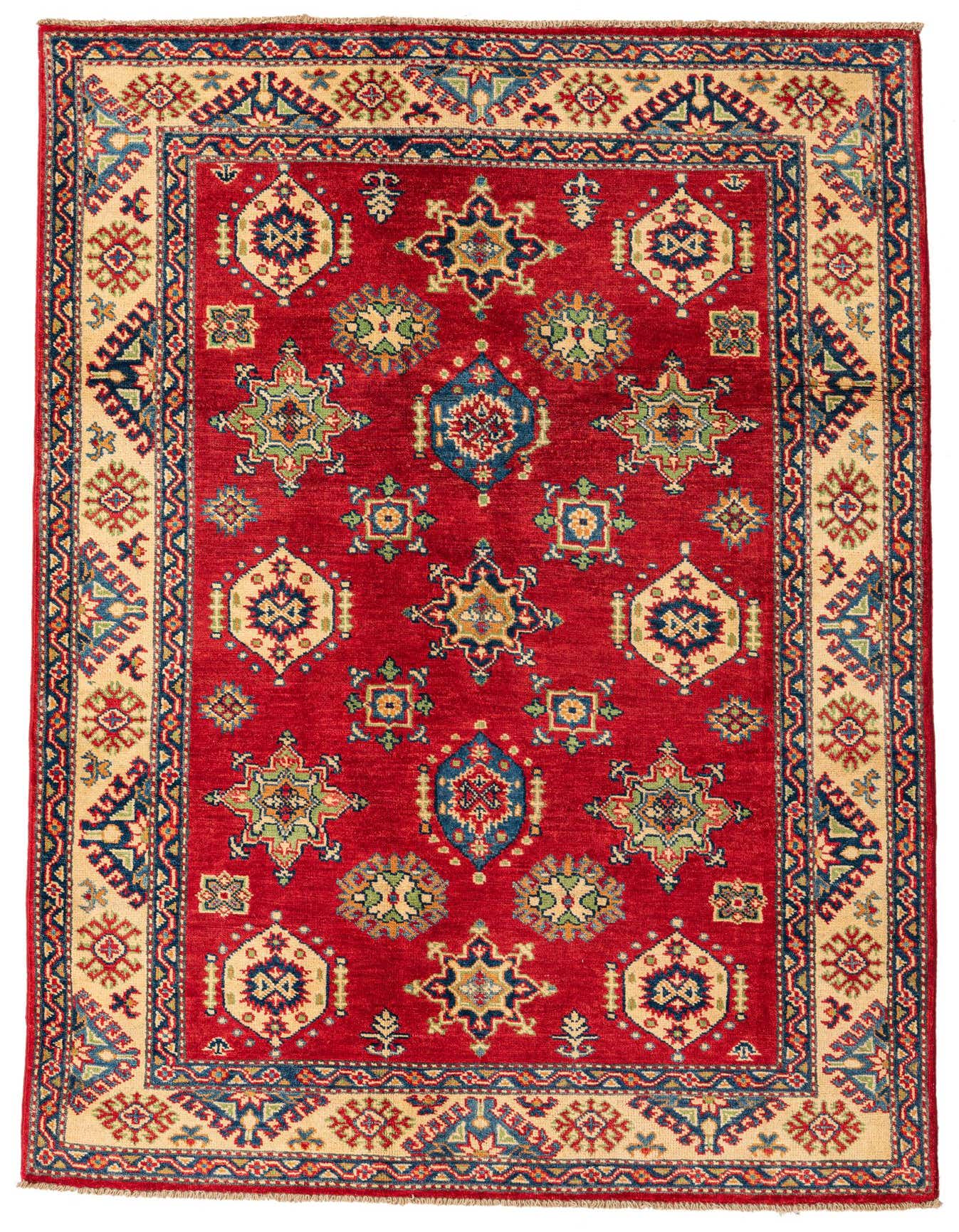 A 4x6 rectangular red traditional Kazak rug with intricate Southwestern and Oriental patterns in blue, gold, and green.