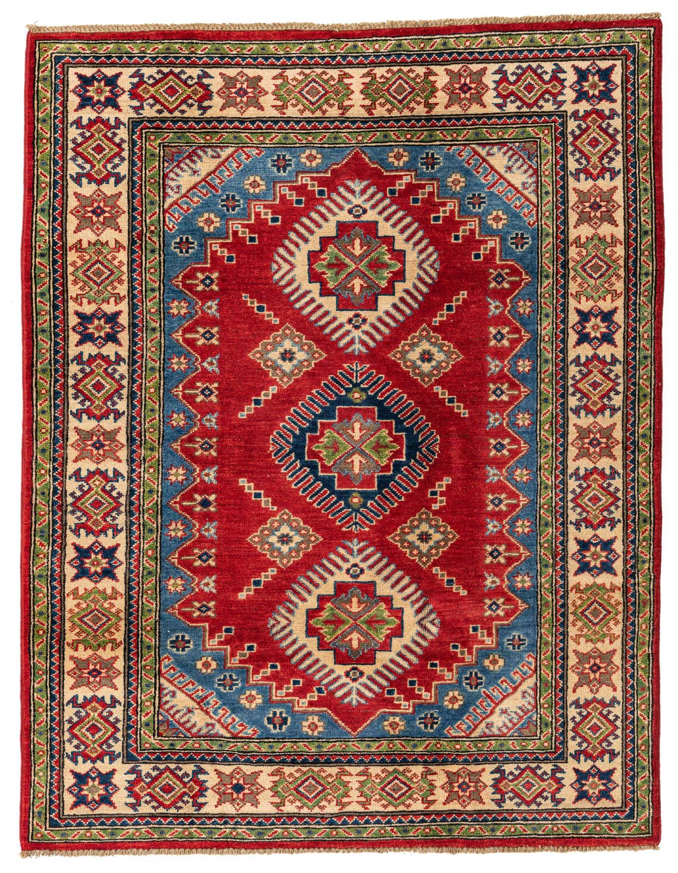 A 4x6 rectangular Rugs.com Kazak rug featuring a bold red field with a central medallion and intricate blue, green, and cream traditional patterns.