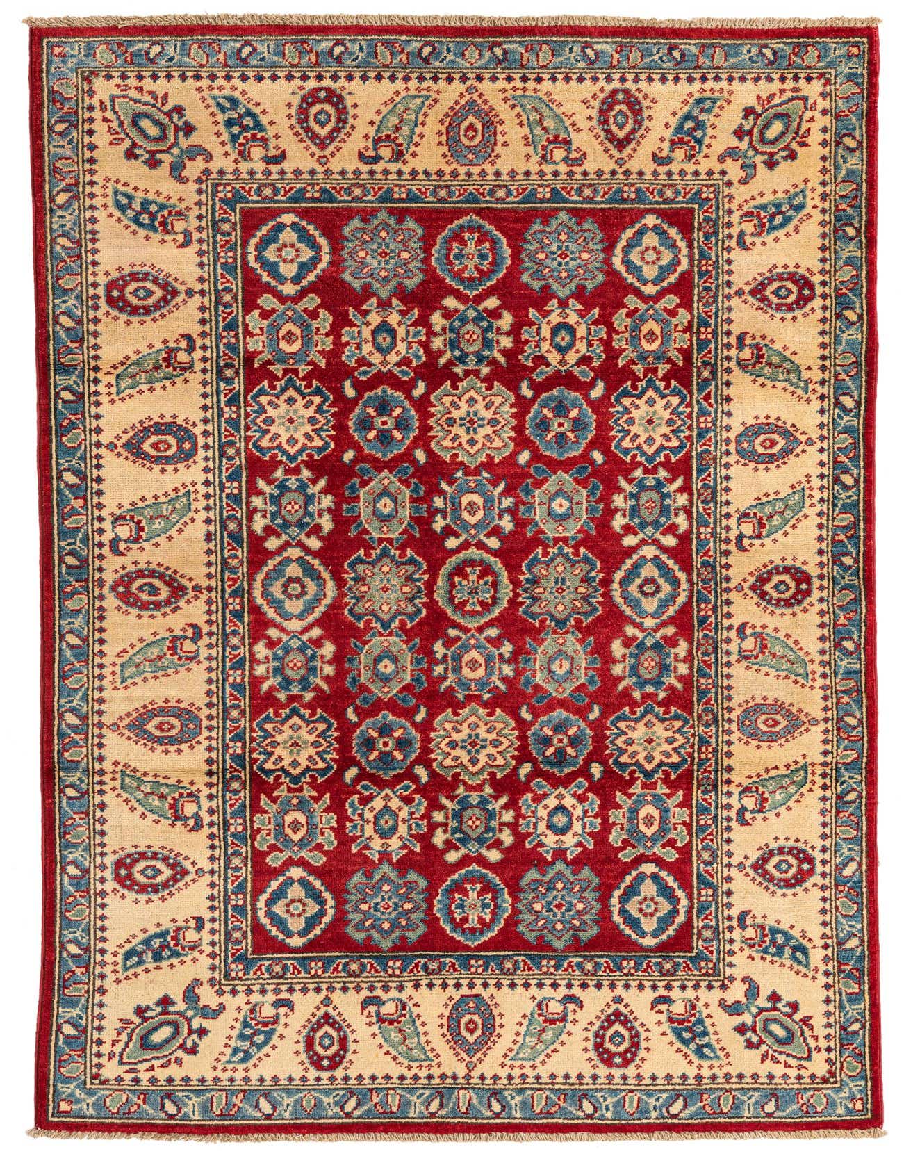 A 4x6 rectangular red traditional rug with a detailed Southwestern pattern and a cream border.
