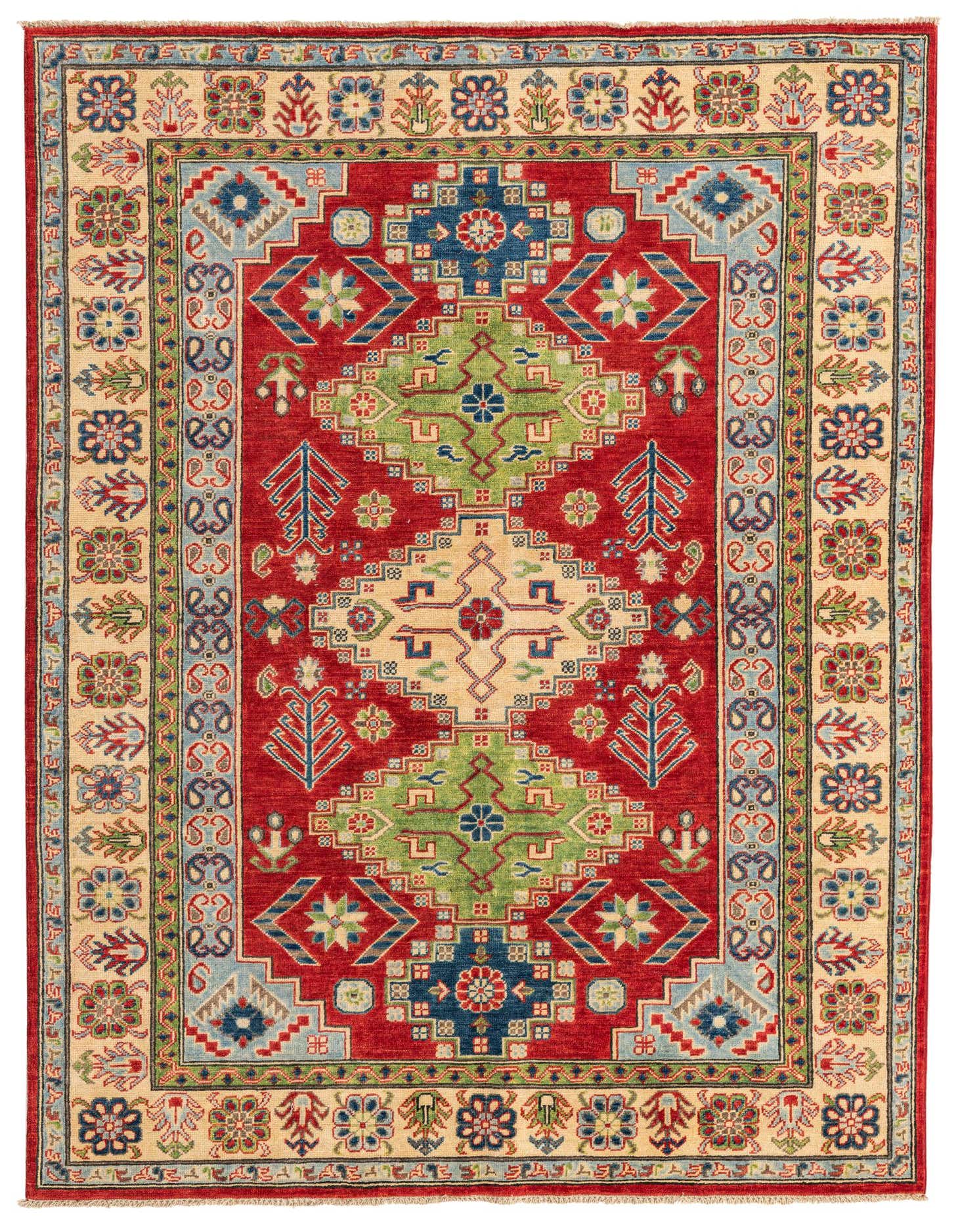 A 5x8 rectangular red rug with a traditional Southwestern pattern in green, blue, and beige, featuring geometric motifs.