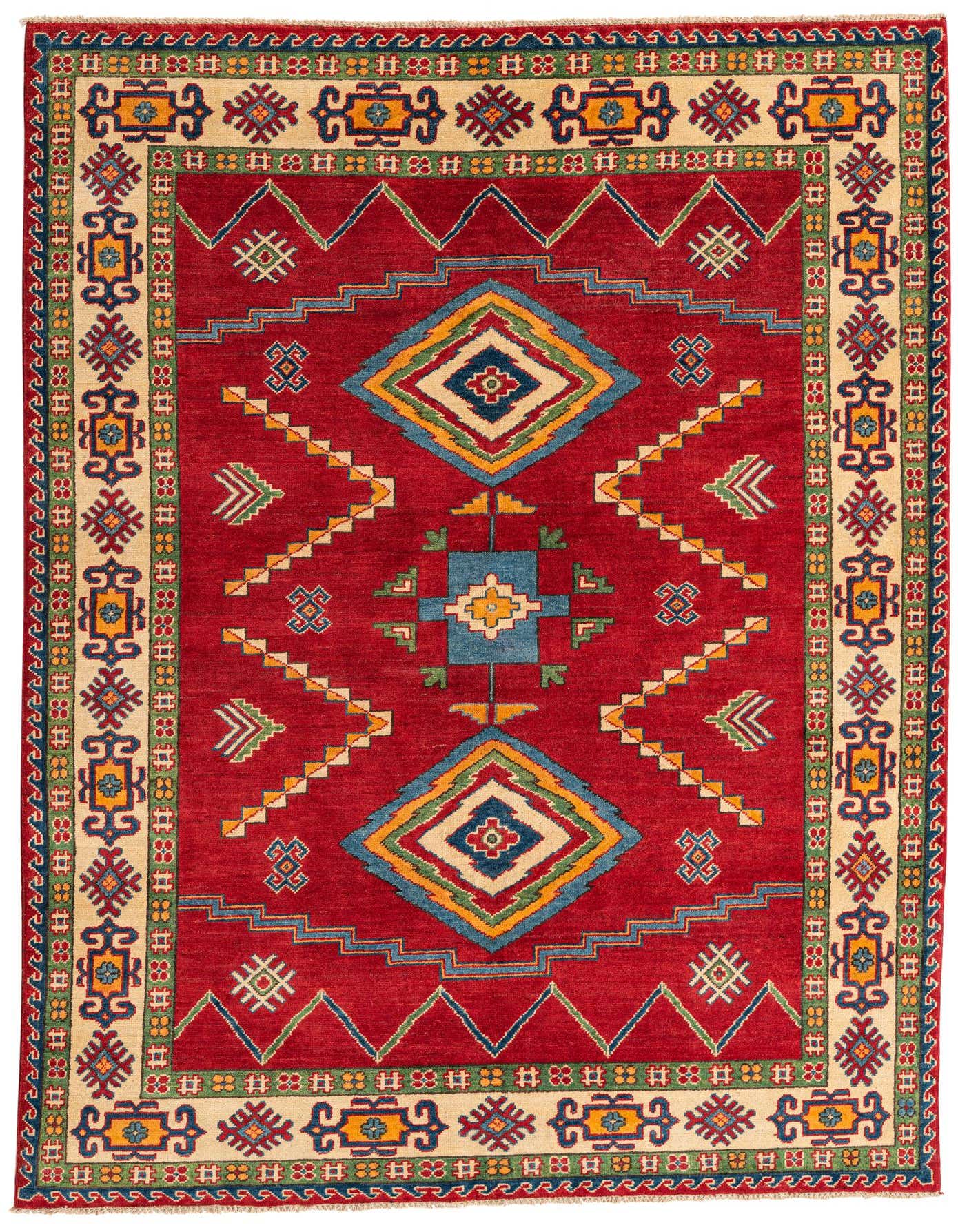 A 6x9 rectangular red Kazak rug with a Southwestern geometric pattern and a cream border, ideal for a living room.