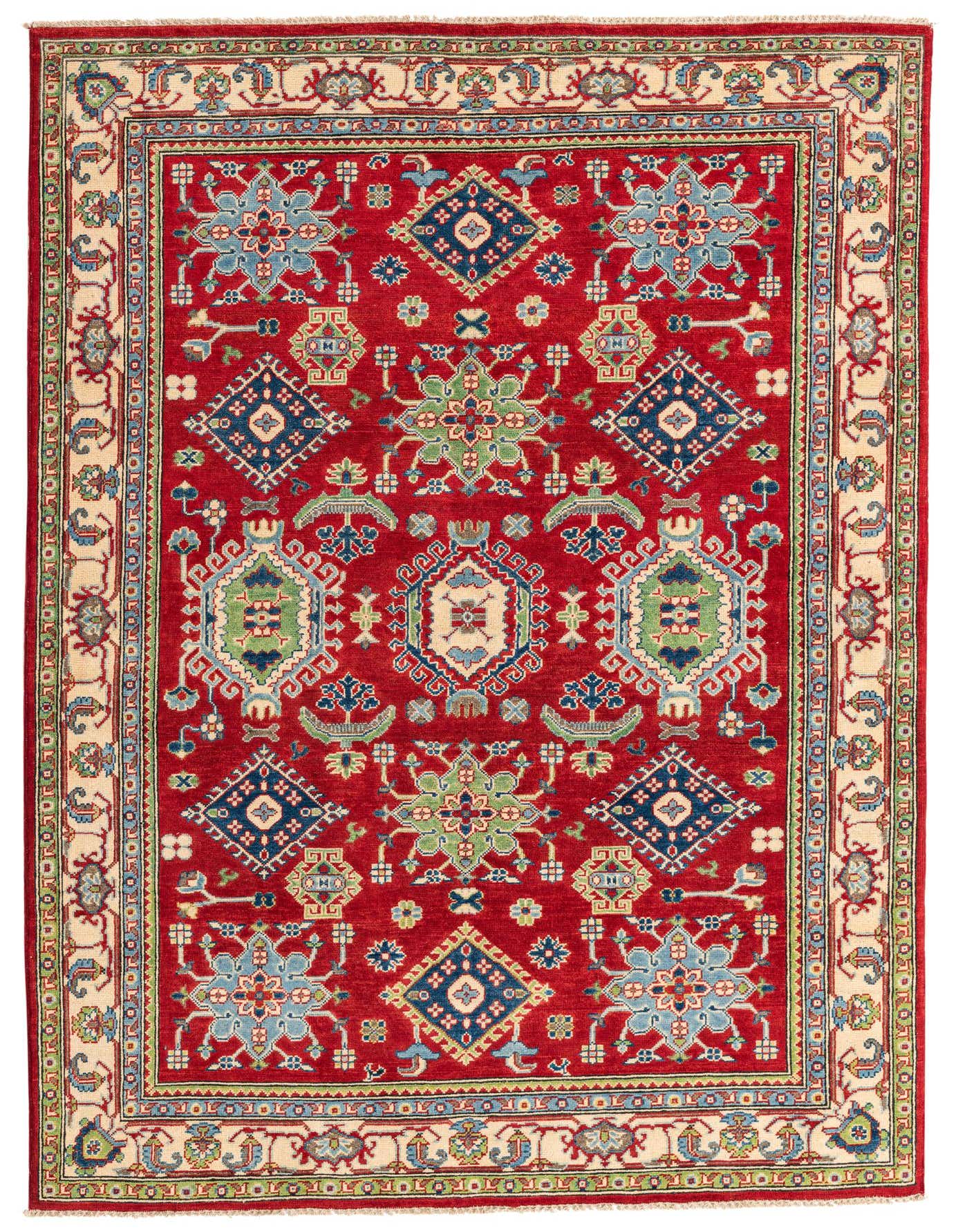A 6x9 rectangular red Kazak rug with intricate traditional Southwestern patterns in blue, green, and cream, perfect for a living room.