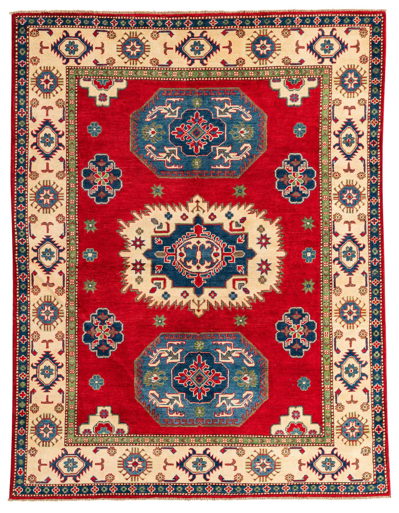 A 6x9 rectangular red Kazak rug with traditional Southwestern and Oriental patterns, featuring blue and cream medallions.