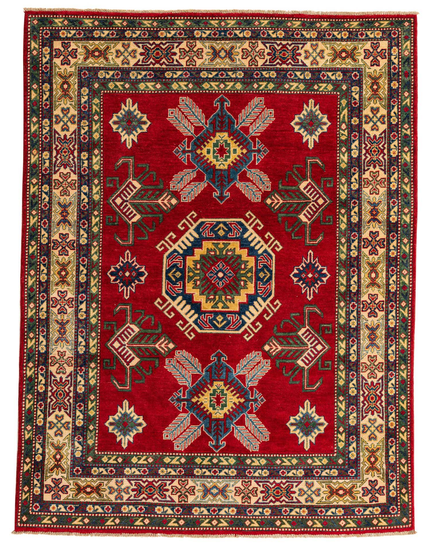 A 6x9 rectangular red traditional Kazak rug with intricate Southwestern and Oriental patterns in blue, yellow, green, and cream.