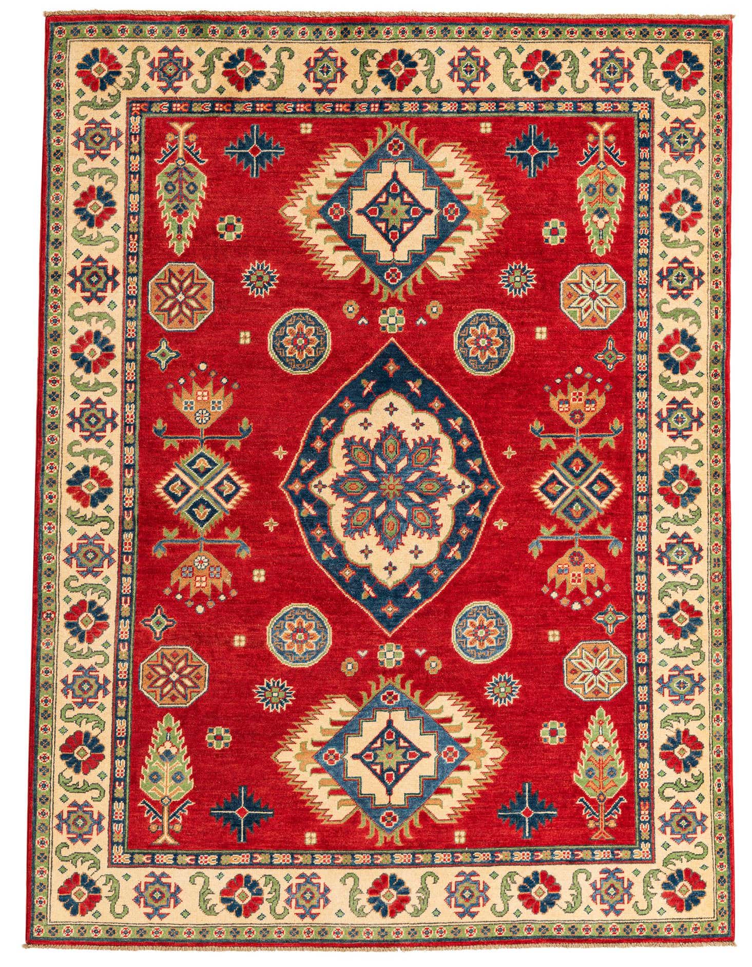 A 6x9 rectangular Rugs.com Kazak rug with a vibrant red field, featuring a central medallion and intricate traditional patterns in blue, green, and cream.