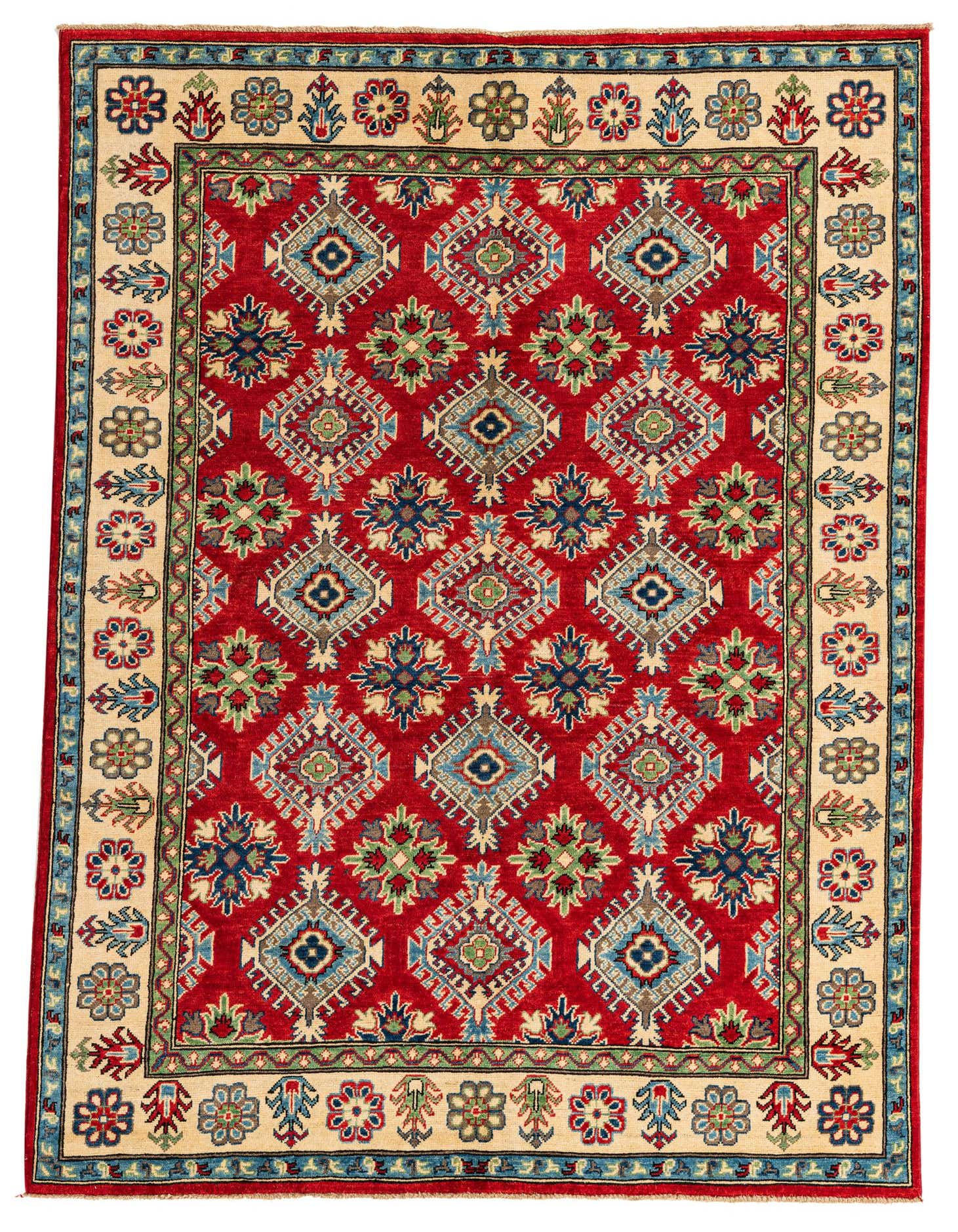 A 6x9 rectangular red Kazak rug with traditional Southwestern and Oriental patterns, featuring intricate geometric and floral motifs in blues, greens, and creams.
