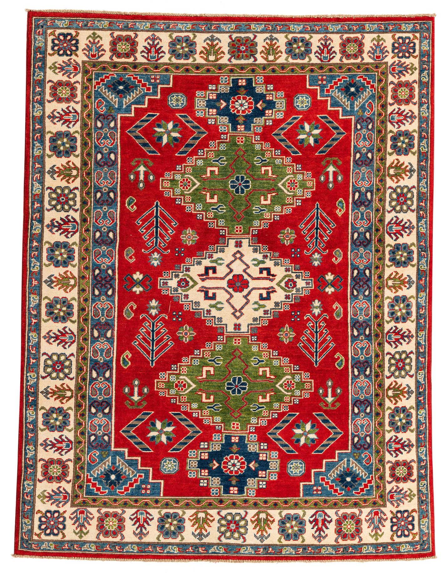 A 5x8 rectangular red Kazak rug with traditional Southwestern and Oriental geometric patterns in green, blue, and cream.