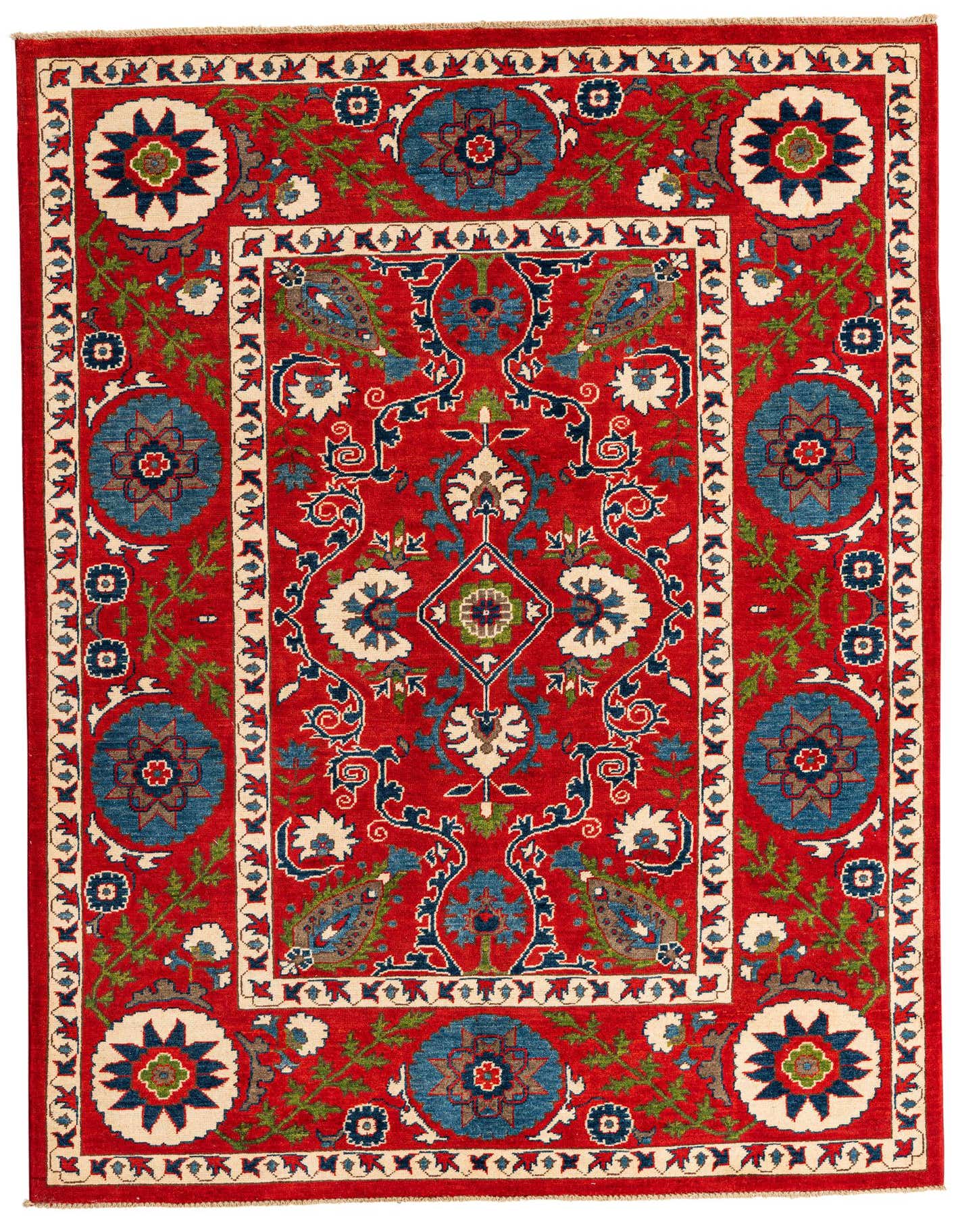 A 6x9 rectangular Rugs.com Kazak rug with a vibrant red field and intricate blue, green, and cream traditional patterns.