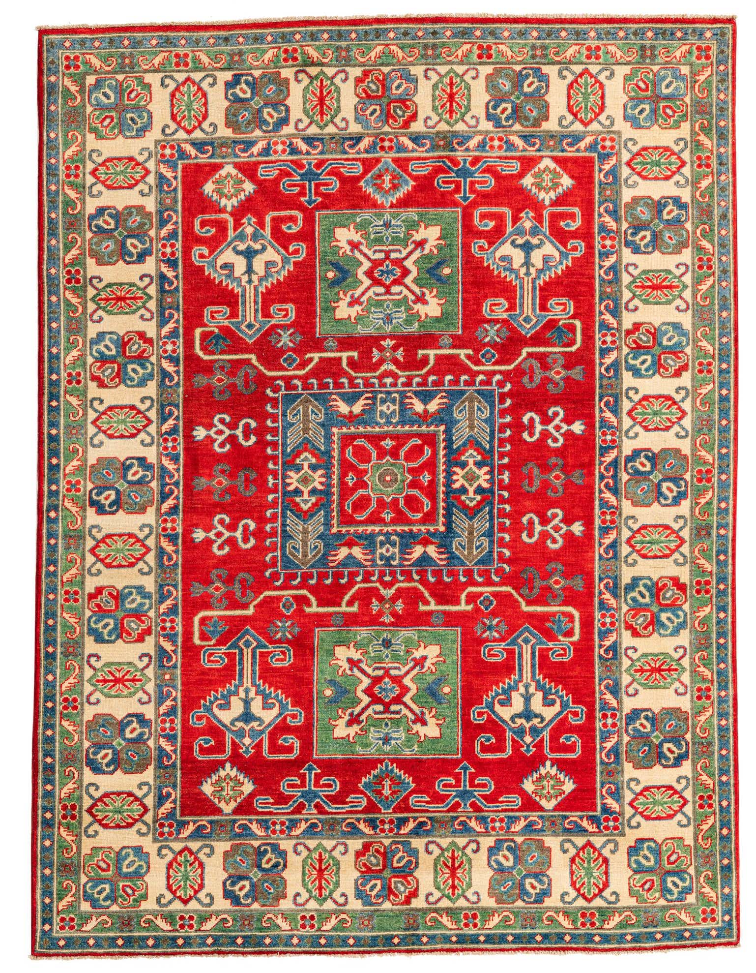 A 6x9 rectangular red rug with a traditional Southwestern pattern in blue, green, and cream, ideal for a living room.