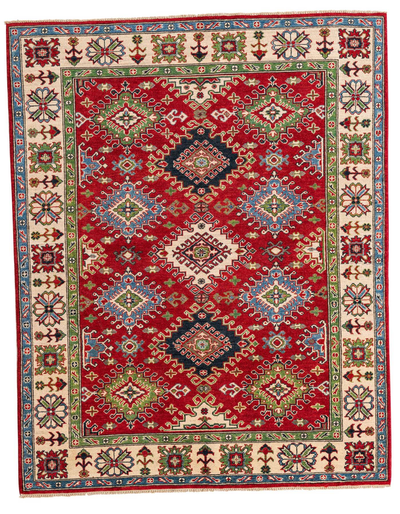 A 6x9 rectangular red rug with a traditional Southwestern pattern, featuring geometric shapes in blue, green, and cream, ideal for a living room.