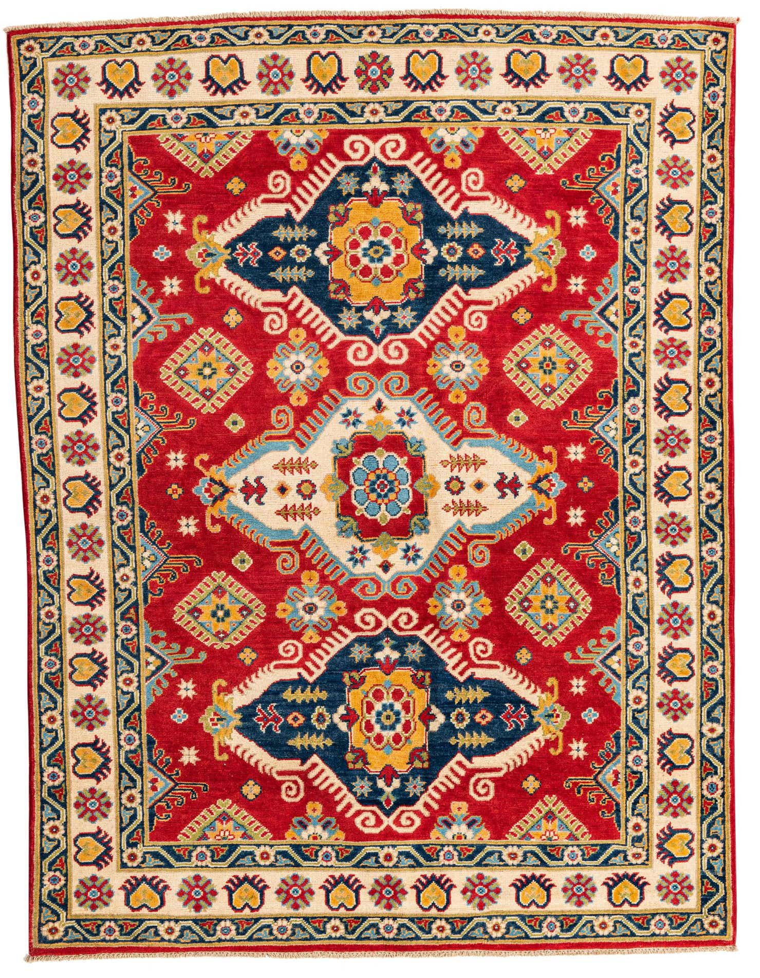 A 5x7 rectangular Rugs.com Kazak rug with a vibrant red field, featuring a central medallion and intricate traditional patterns in navy, cream, and gold.