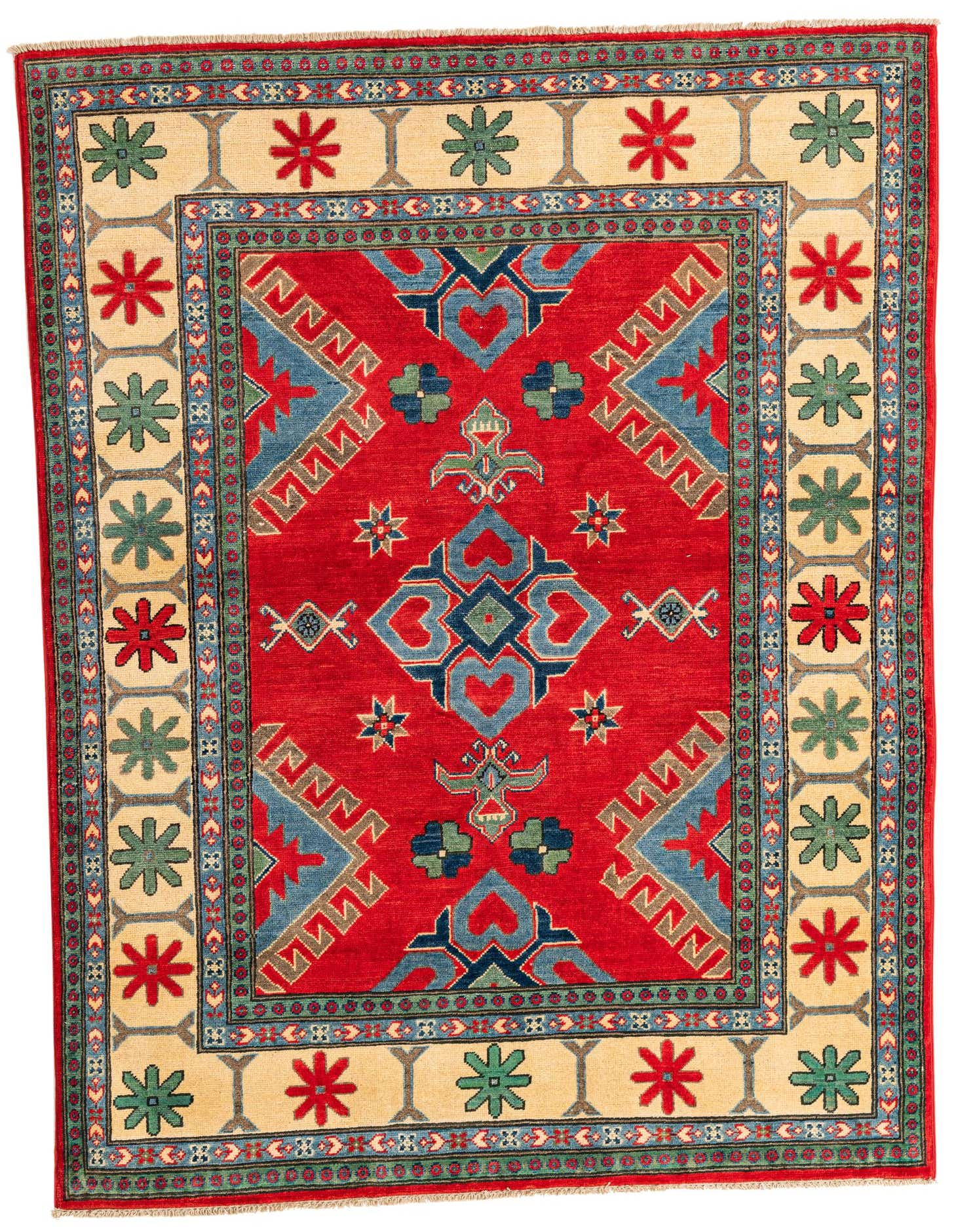 A 5x7 rectangular Rugs.com Kazak rug with a vibrant red field, featuring a central medallion and geometric patterns in blue, green, and cream, framed by a cream border with repeating star motifs.