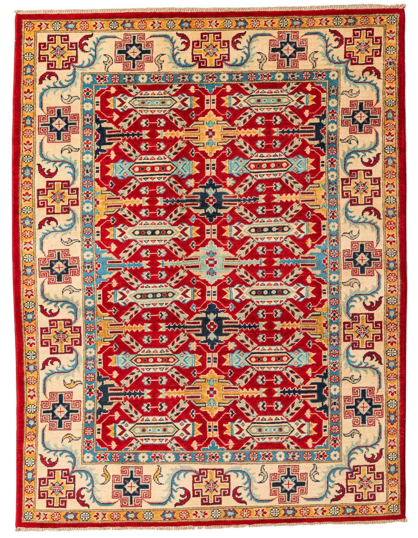 A 5x7 rectangular red traditional rug with intricate geometric patterns in blue, yellow, and cream, featuring a detailed border.