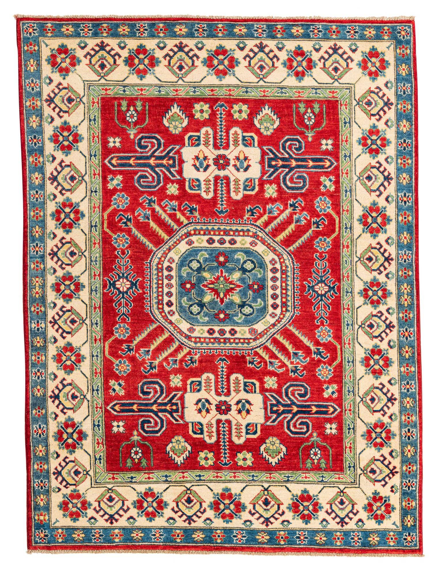 A 5x7 rectangular red rug with a prominent blue medallion, intricate floral patterns, and a cream border with geometric motifs.
