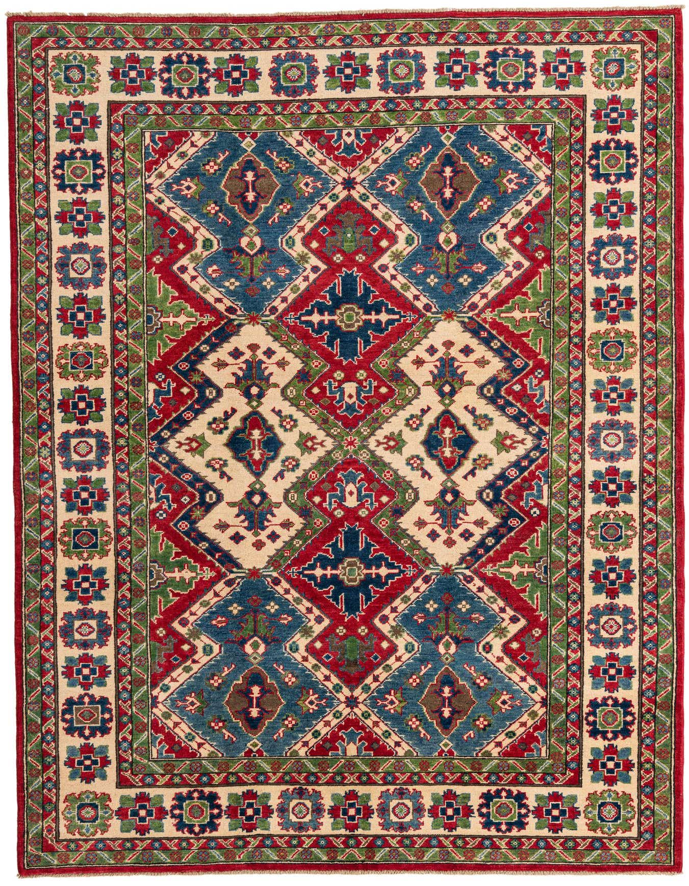 A 6x9 rectangular Rugs.com Kazak rug with a traditional Southwestern Oriental pattern in red, blue, green, and cream.